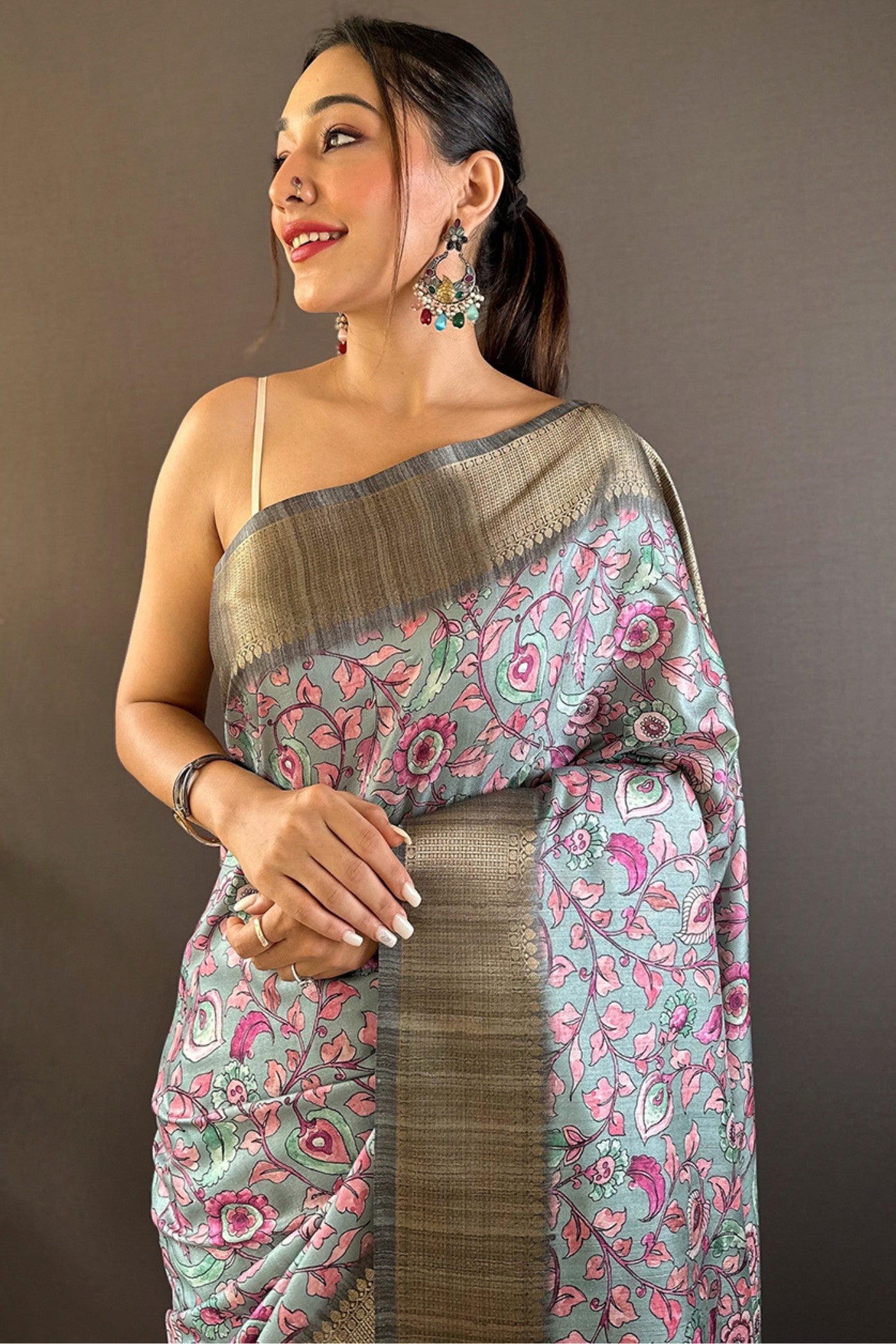 MySilkLove Stone Grey Printed Tussar Silk Saree