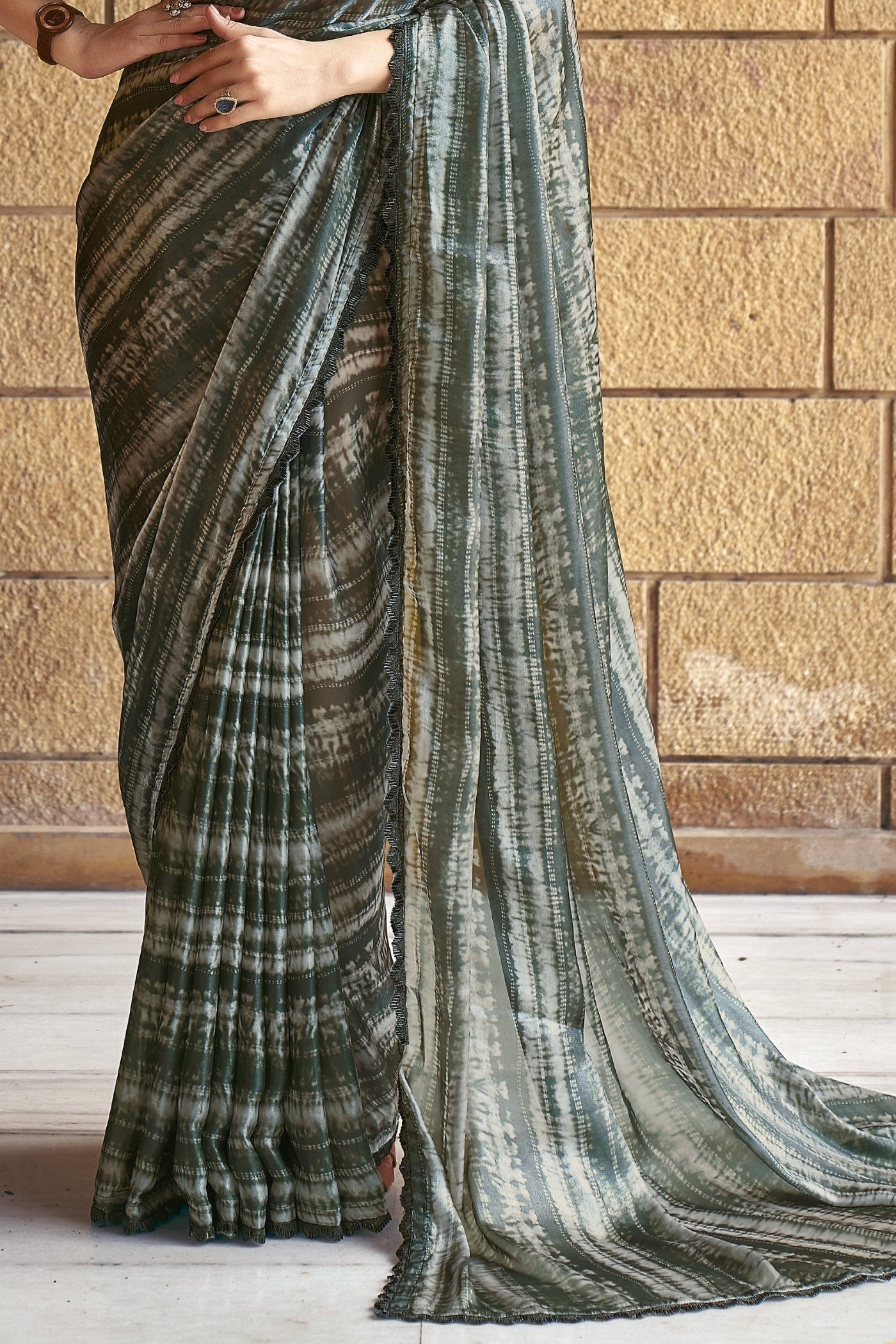 Buy MySilkLove Siam Green Satin Printed Silk Saree Online