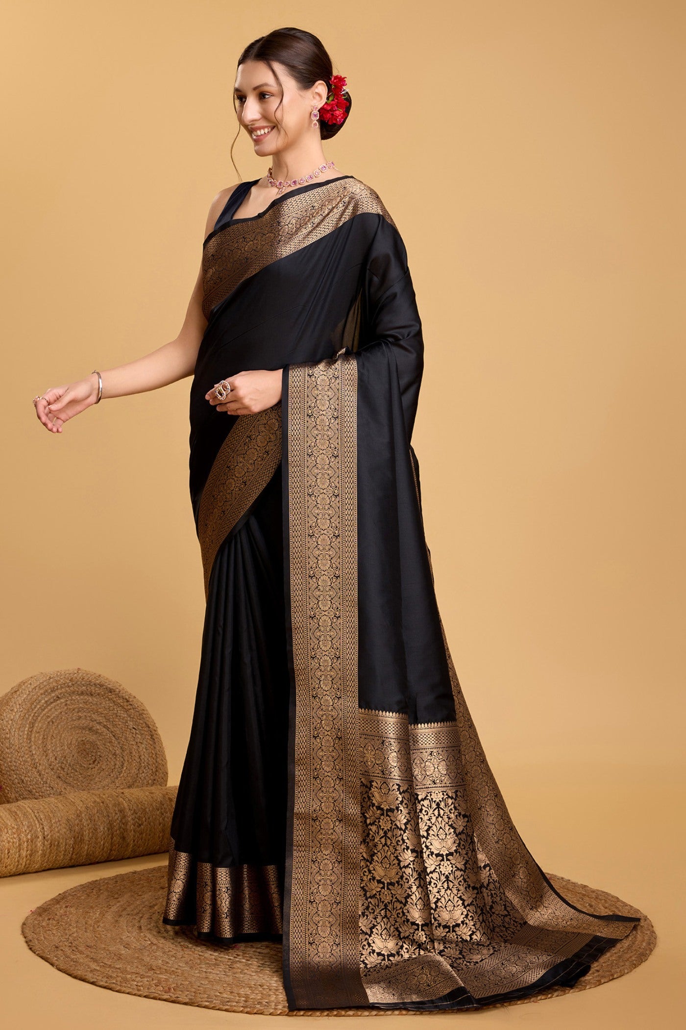 Buy MySilkLove Bistre Black Woven Banarasi Saree Online