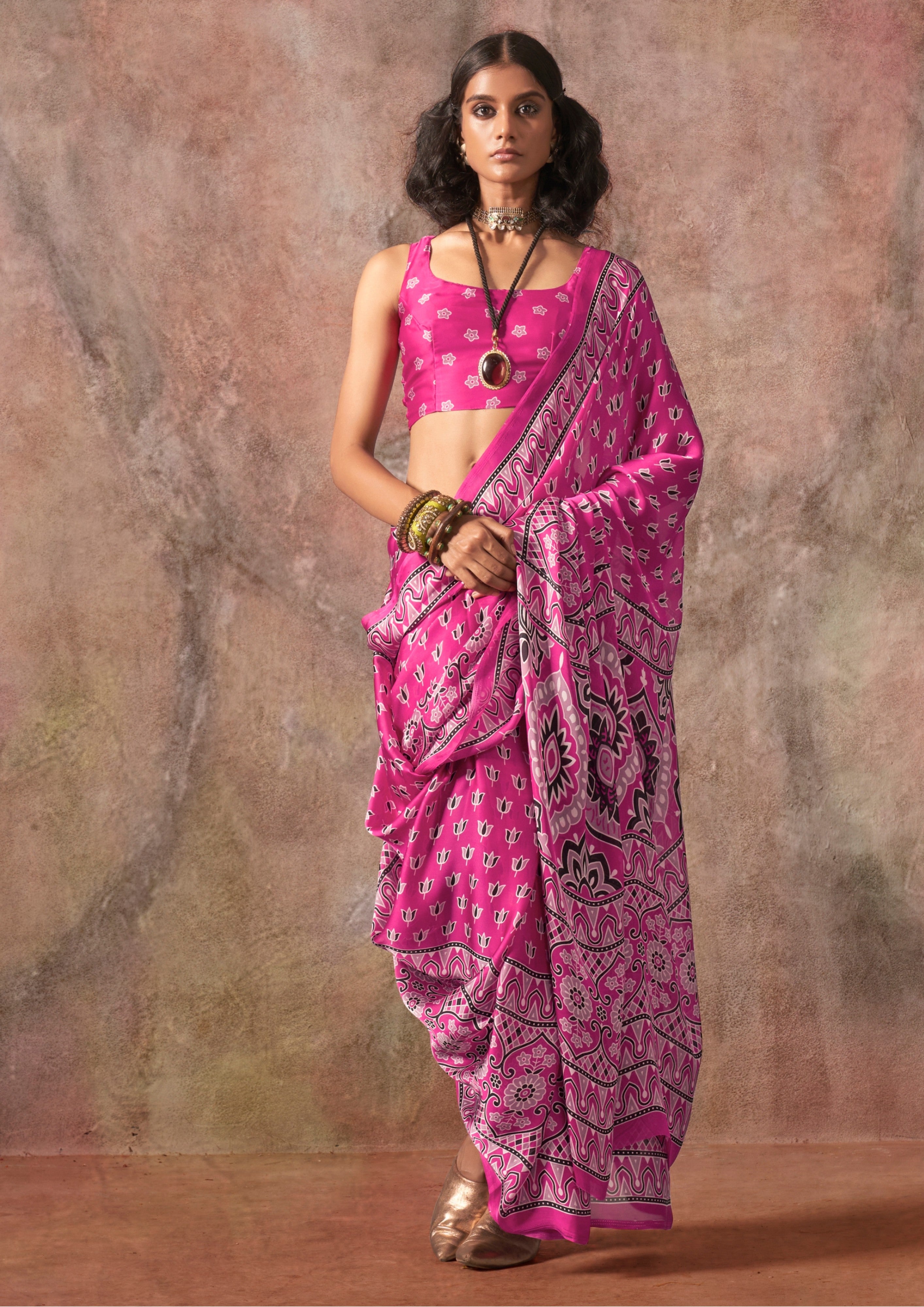Buy MySilkLove Deep Pink Ajrakh Printed Satin Georgette Silk Saree Online