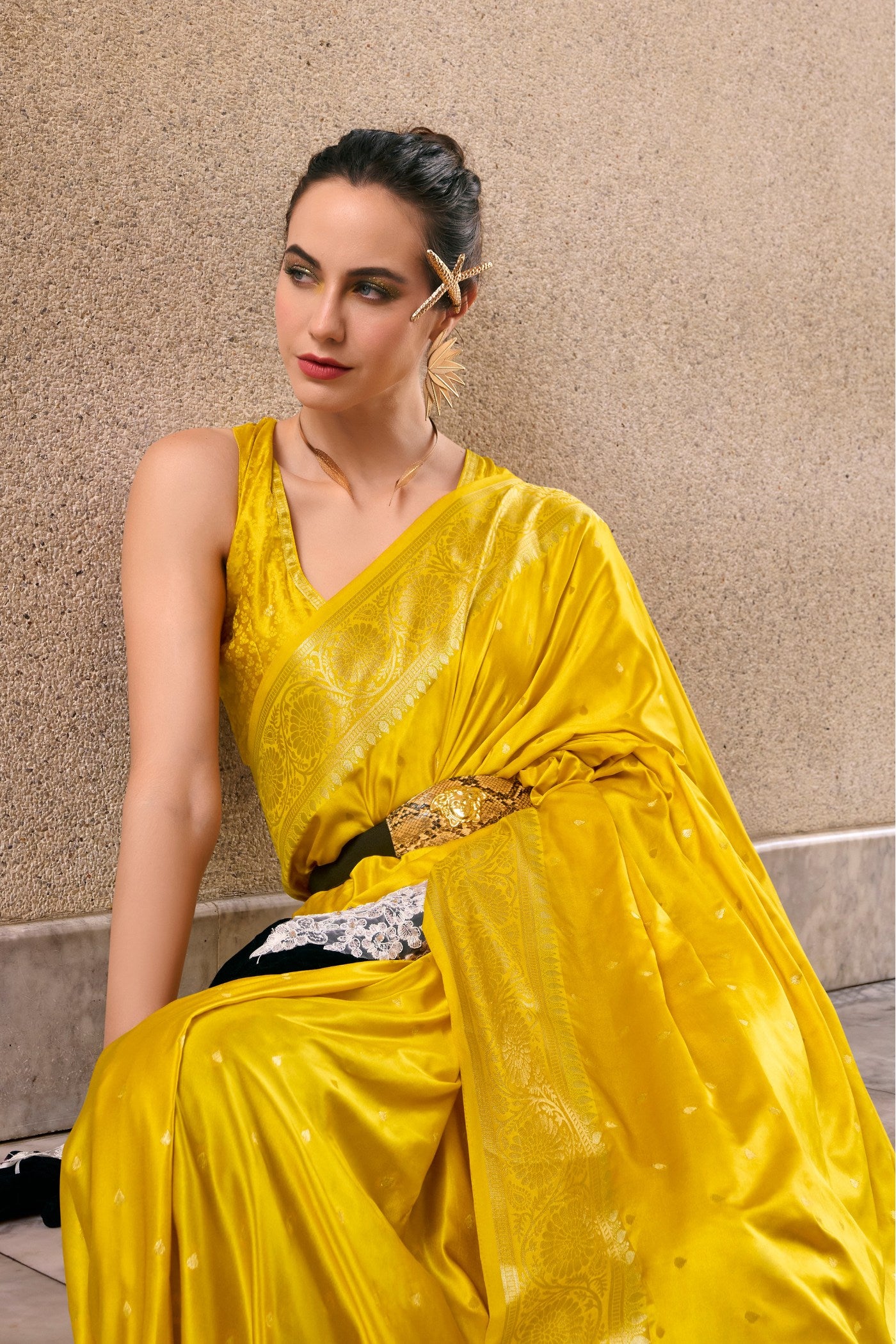 Buy MySilkLove Tulip Yellow Handloom Satin Silk Saree Online