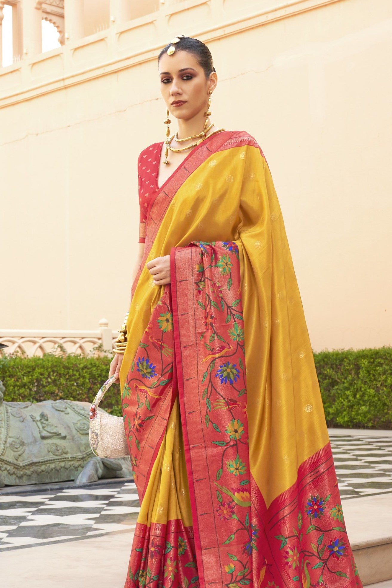 Buy MySilkLove Mustterd Yellow and Red Woven Paithani Designer Saree Online