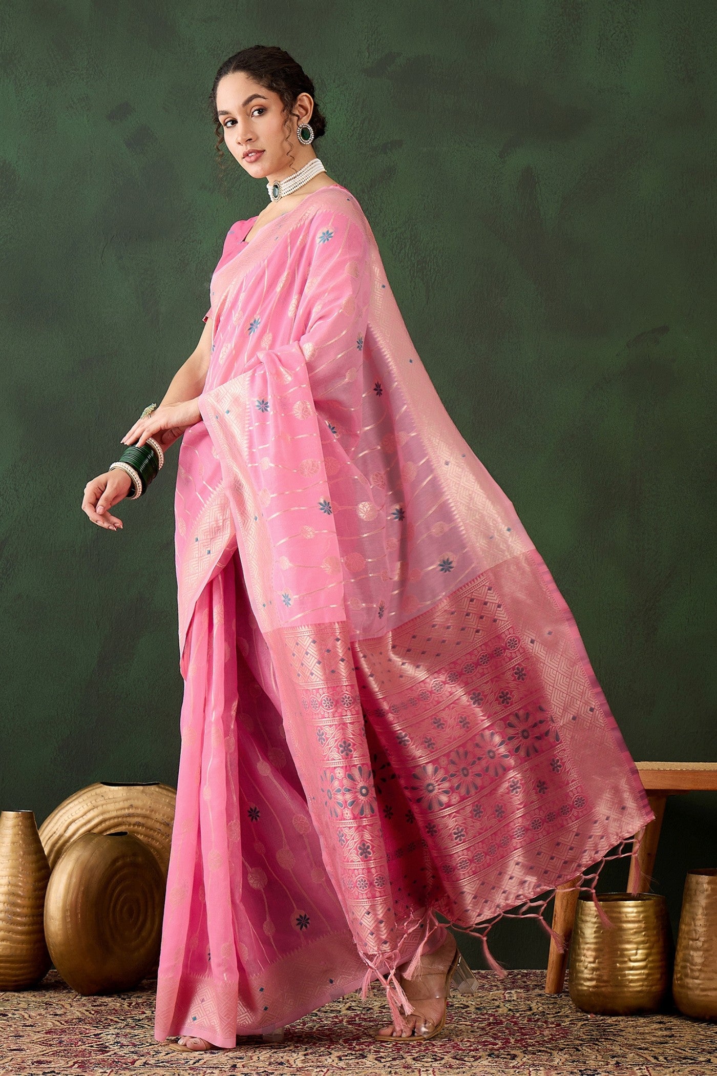 Buy MySilkLove Charm Pink Woven Cotton Saree Online