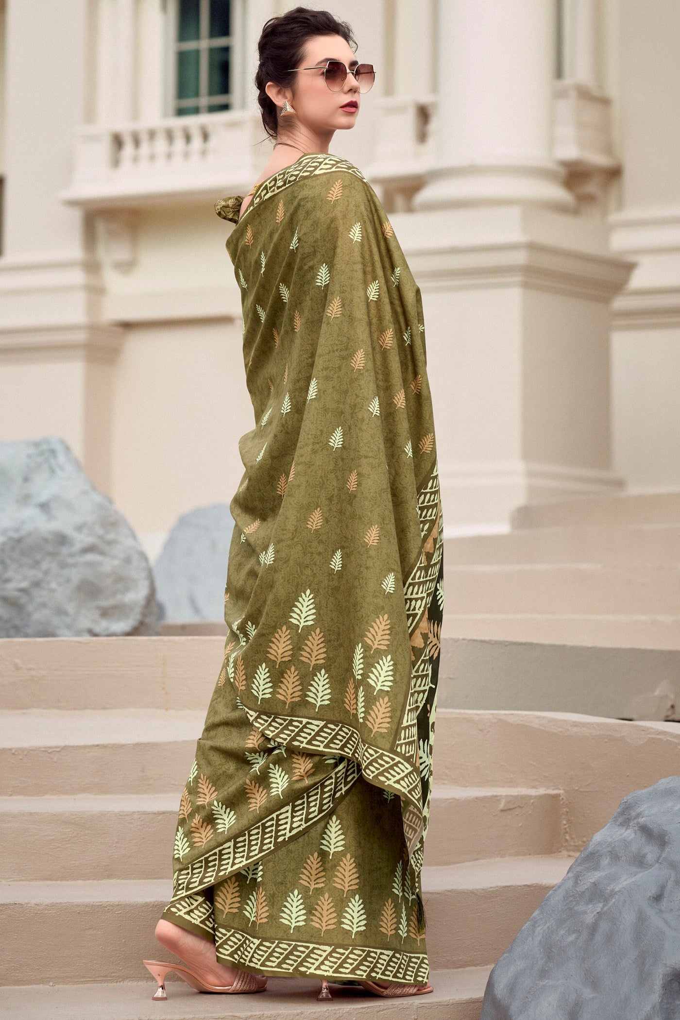 Buy MySilkLove Misty Moss Green Mul Mul Cotton Saree Online