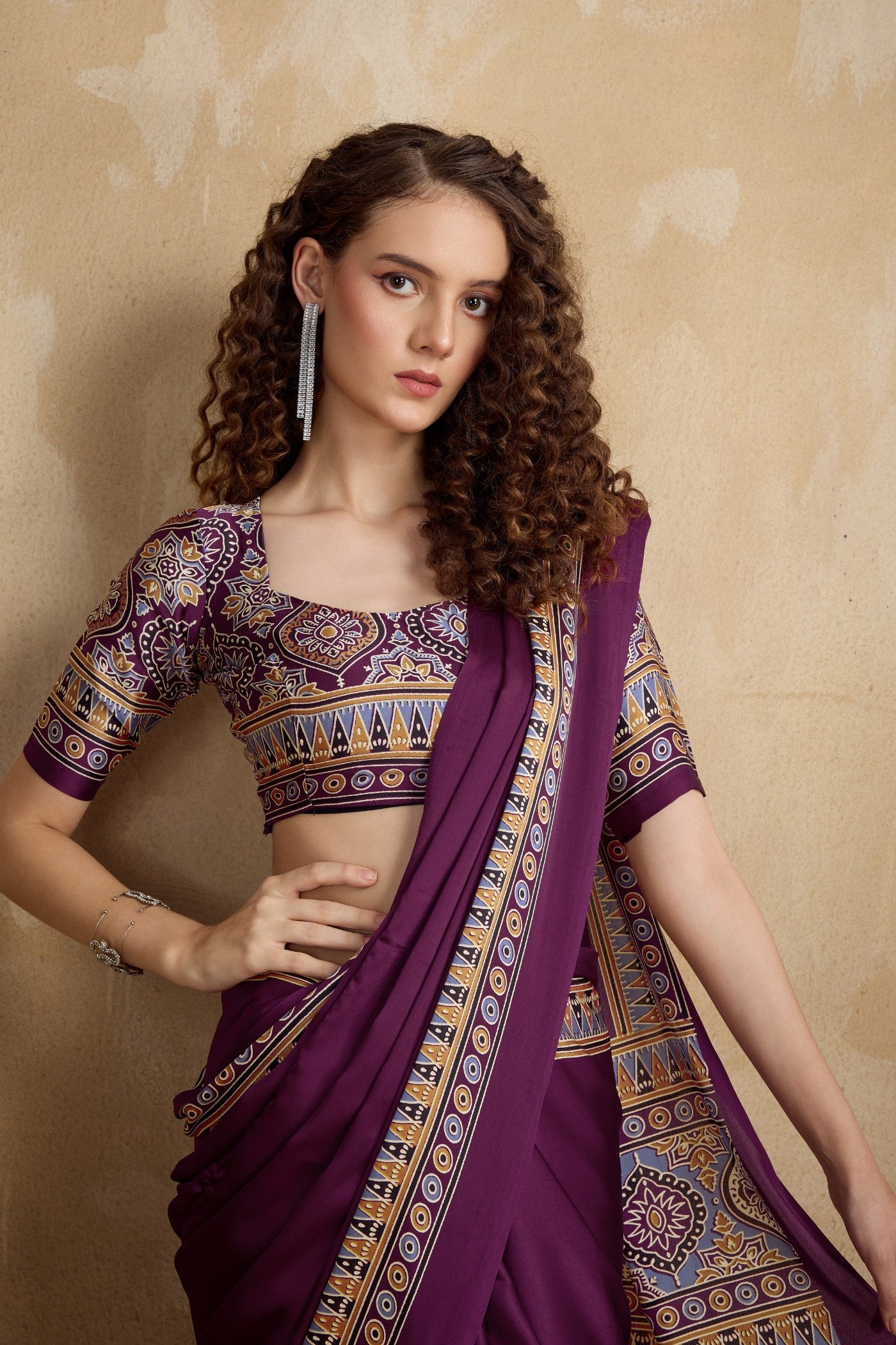 MySilkLove Irises Purple Ajrakh Printed Satin Crepe Silk Saree