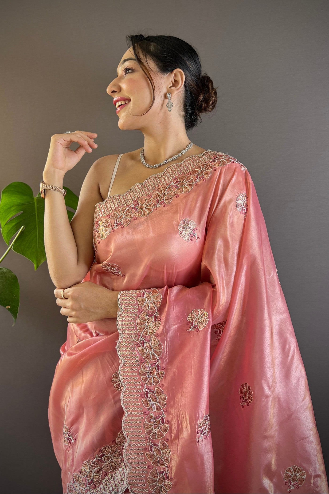 MySilkLove Puce Peach Embroidered Party Wear Saree