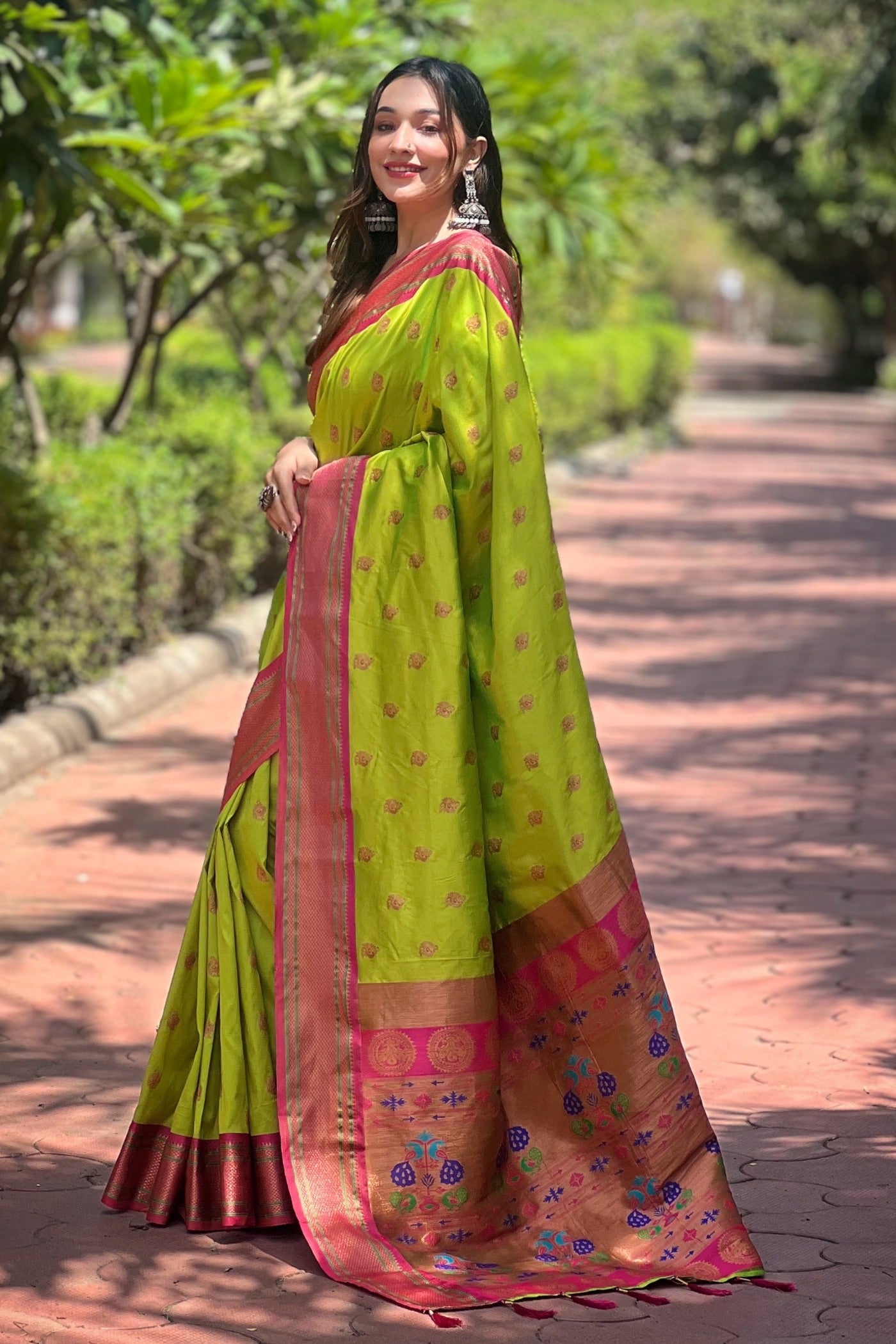 Buy MySilkLove Citron Green Woven Paithani Saree Online