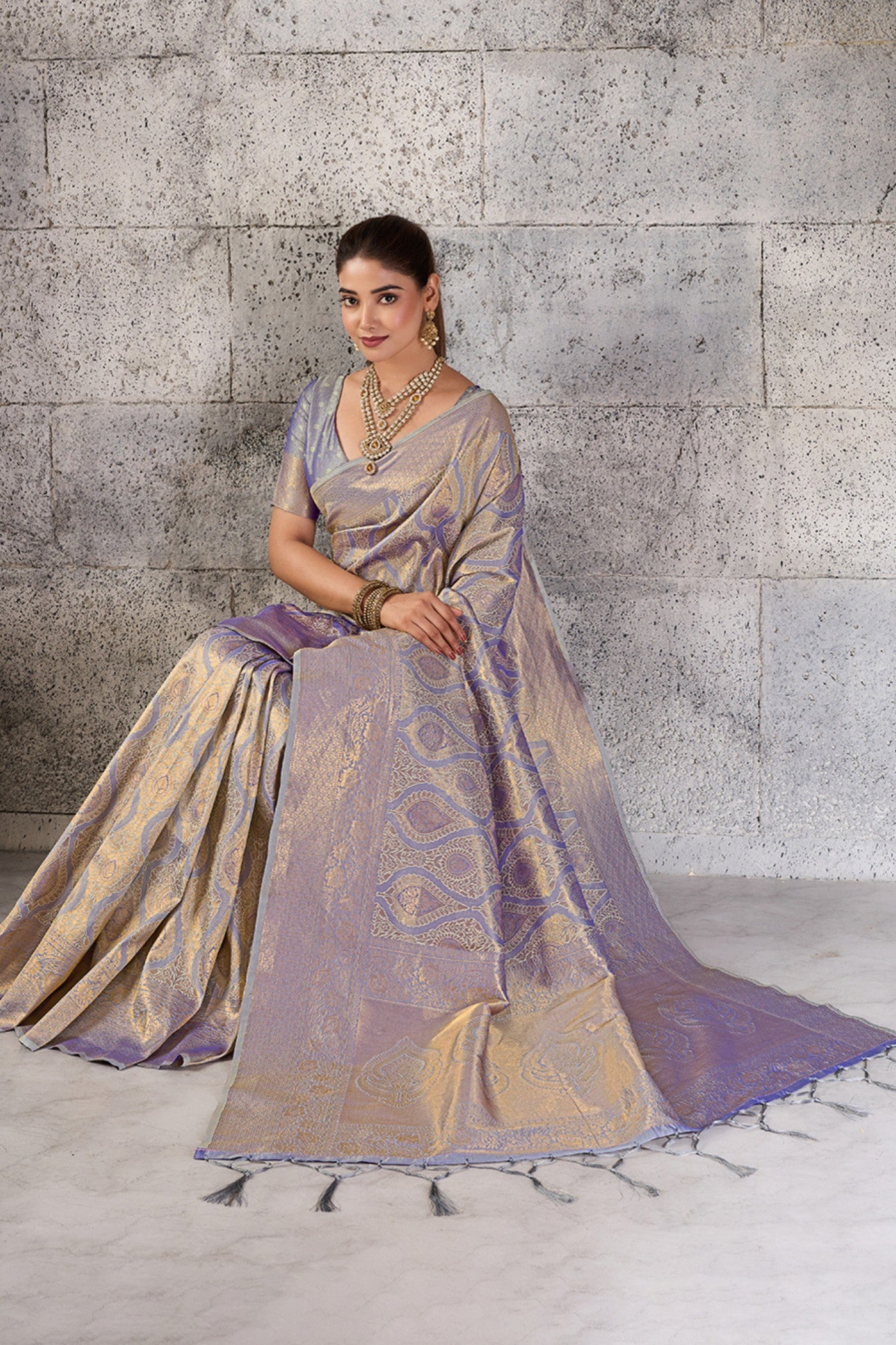 Buy MySilkLove Platinum Grey Woven Kanjivaram Saree Online