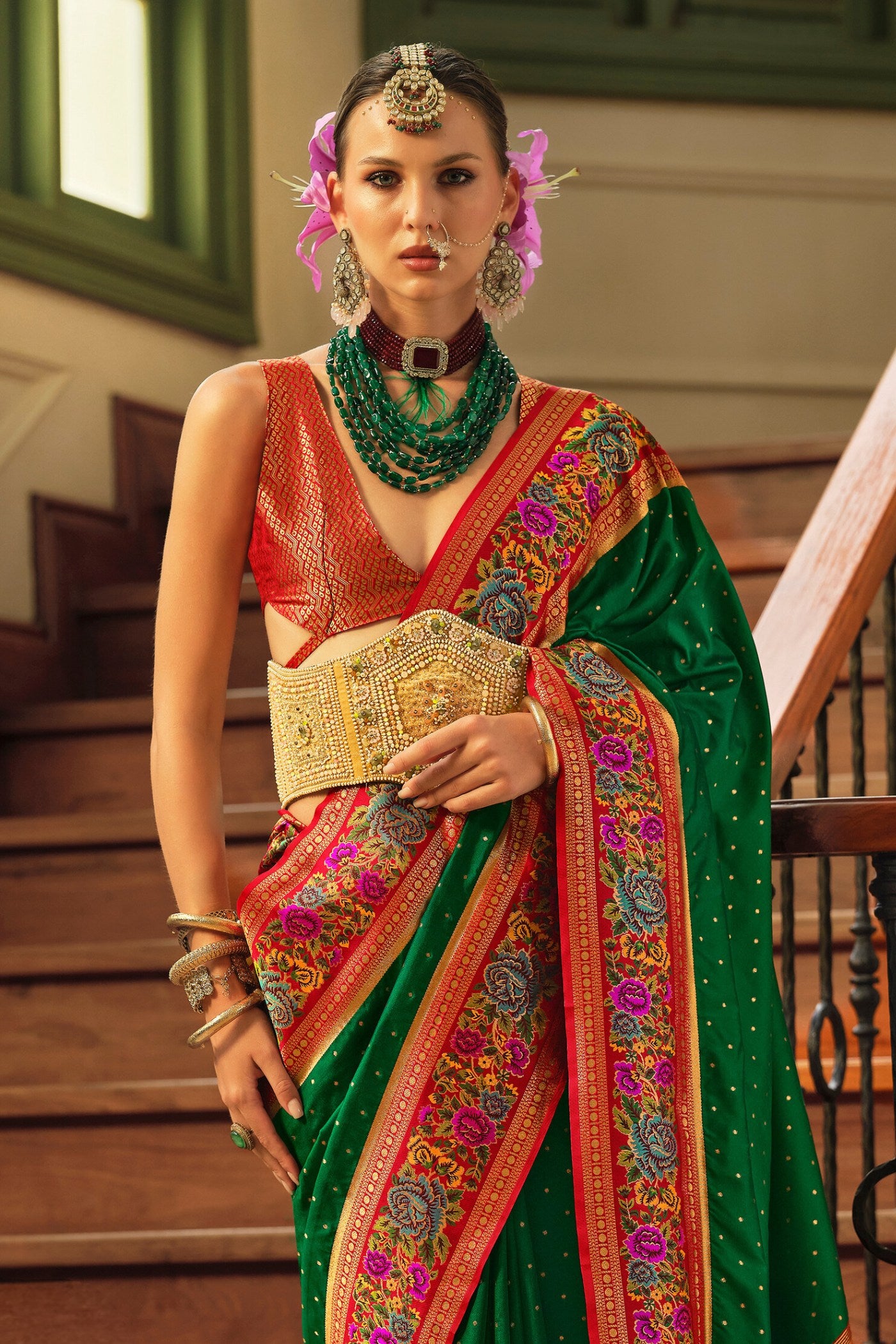 Buy MySilkLove Bottle Green Printed Banarasi Saree Online