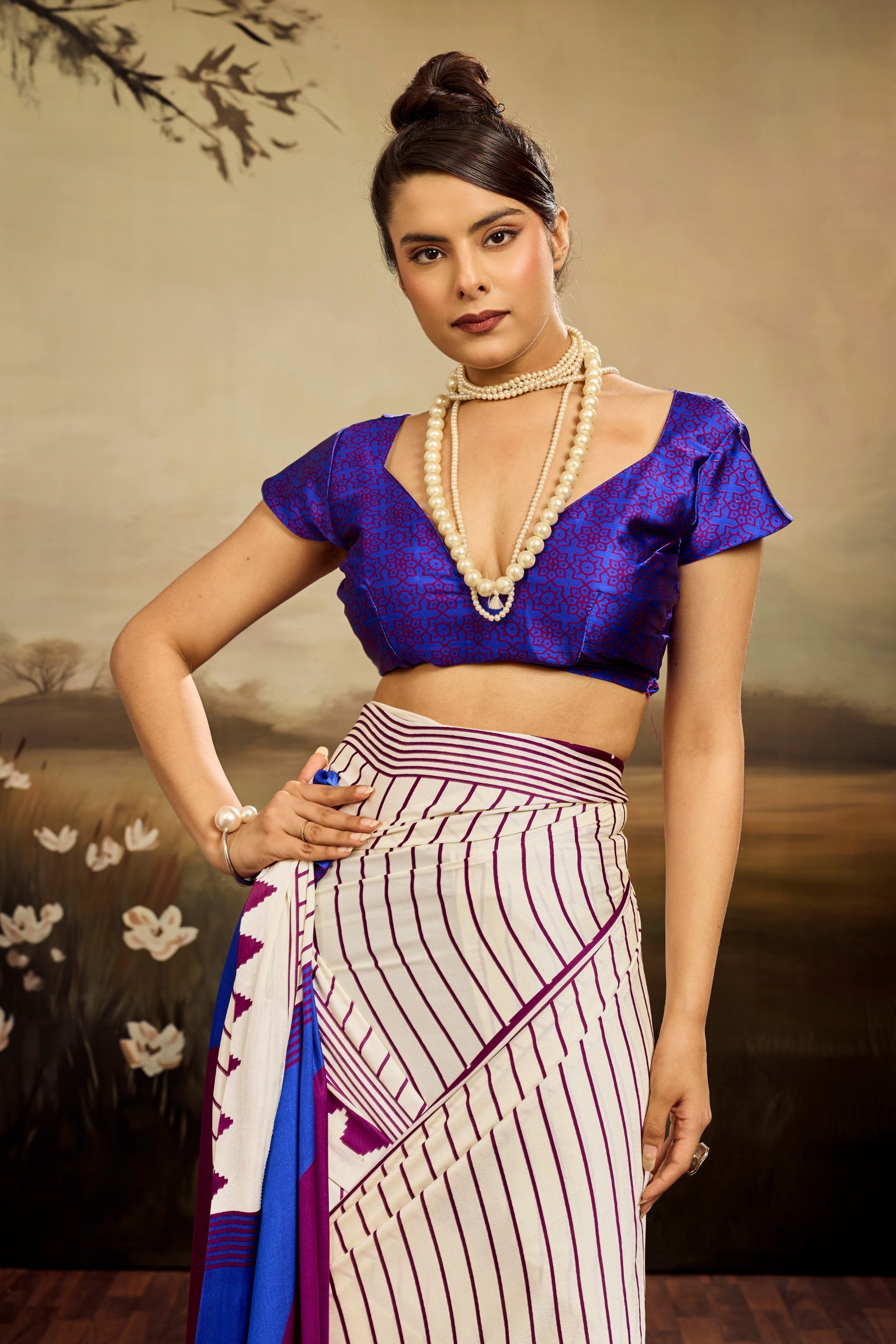 Buy MySilkLove Snow White Ajrakh Printed Satin Crepe Silk Saree Online