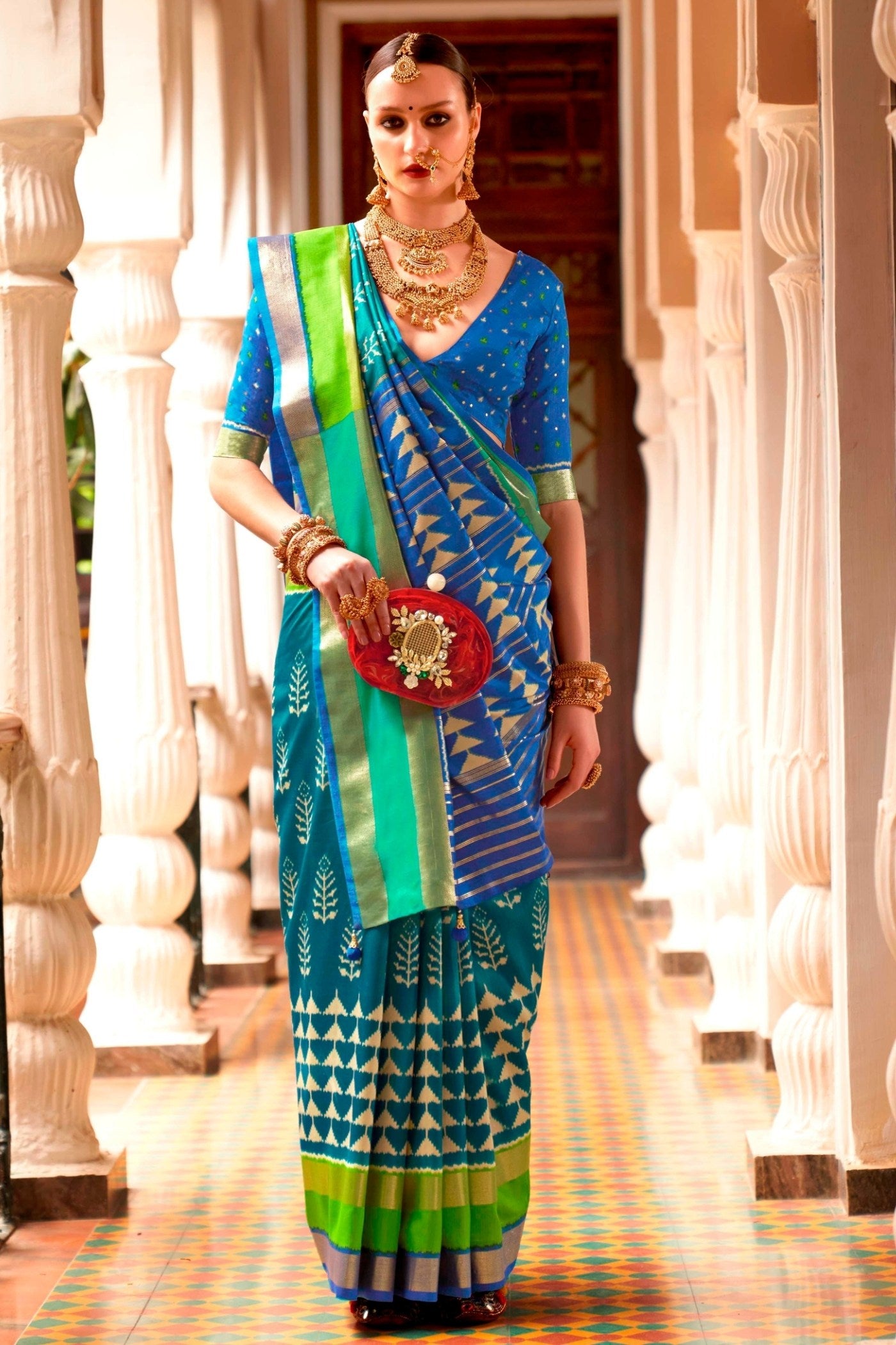 Buy MySilkLove Charm Blue and Green Printed Patola Saree Online