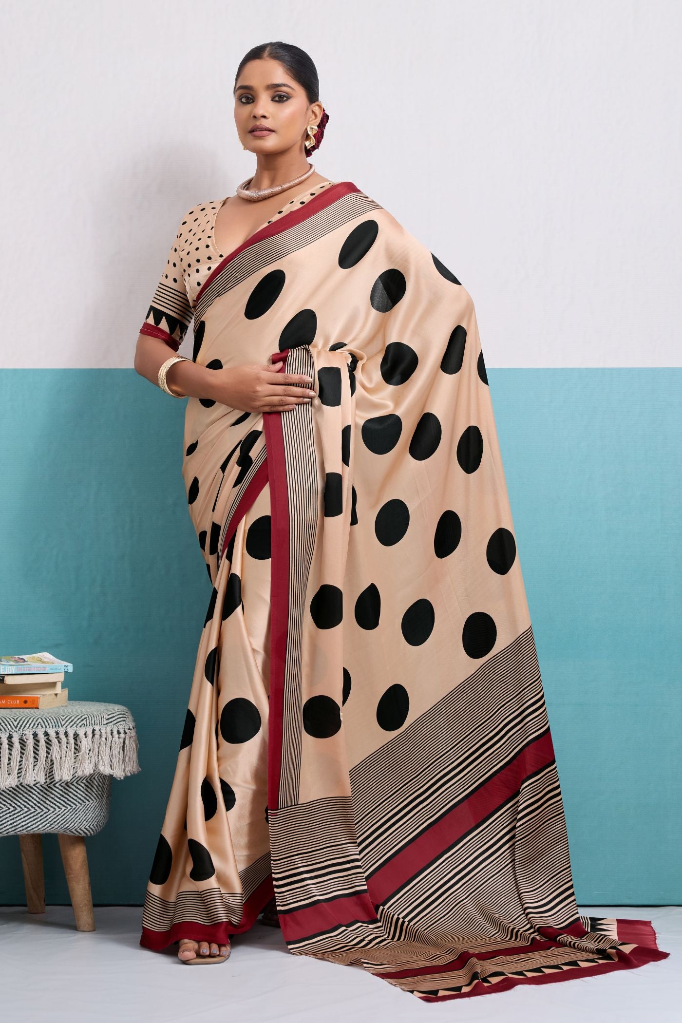 Buy MySilkLove Heavenly Cream and Black Polka Dots Satin Crepe Saree Online