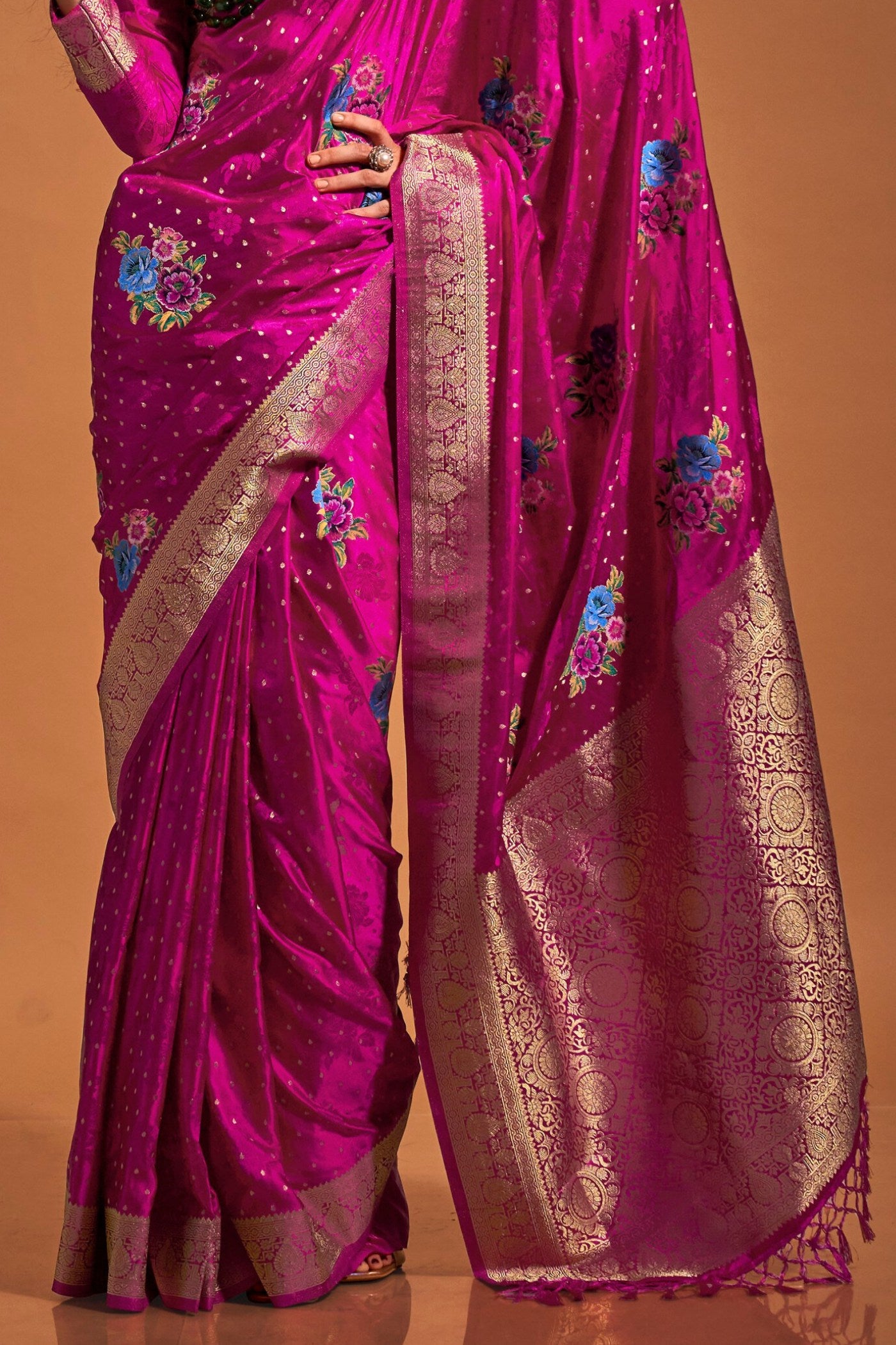 Buy MySilkLove Cerise Pink Handloom Satin Silk Saree Online