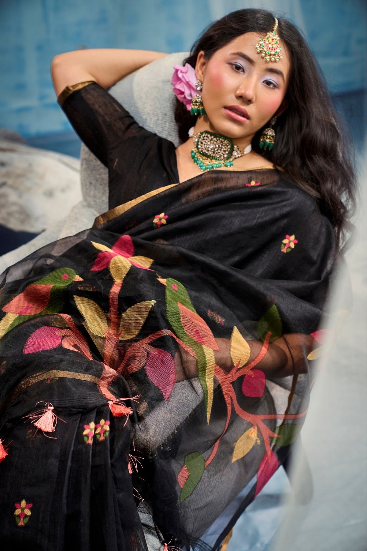 Buy MySilkLove Slate Black Munga Handloom Silk Cotton Saree Online