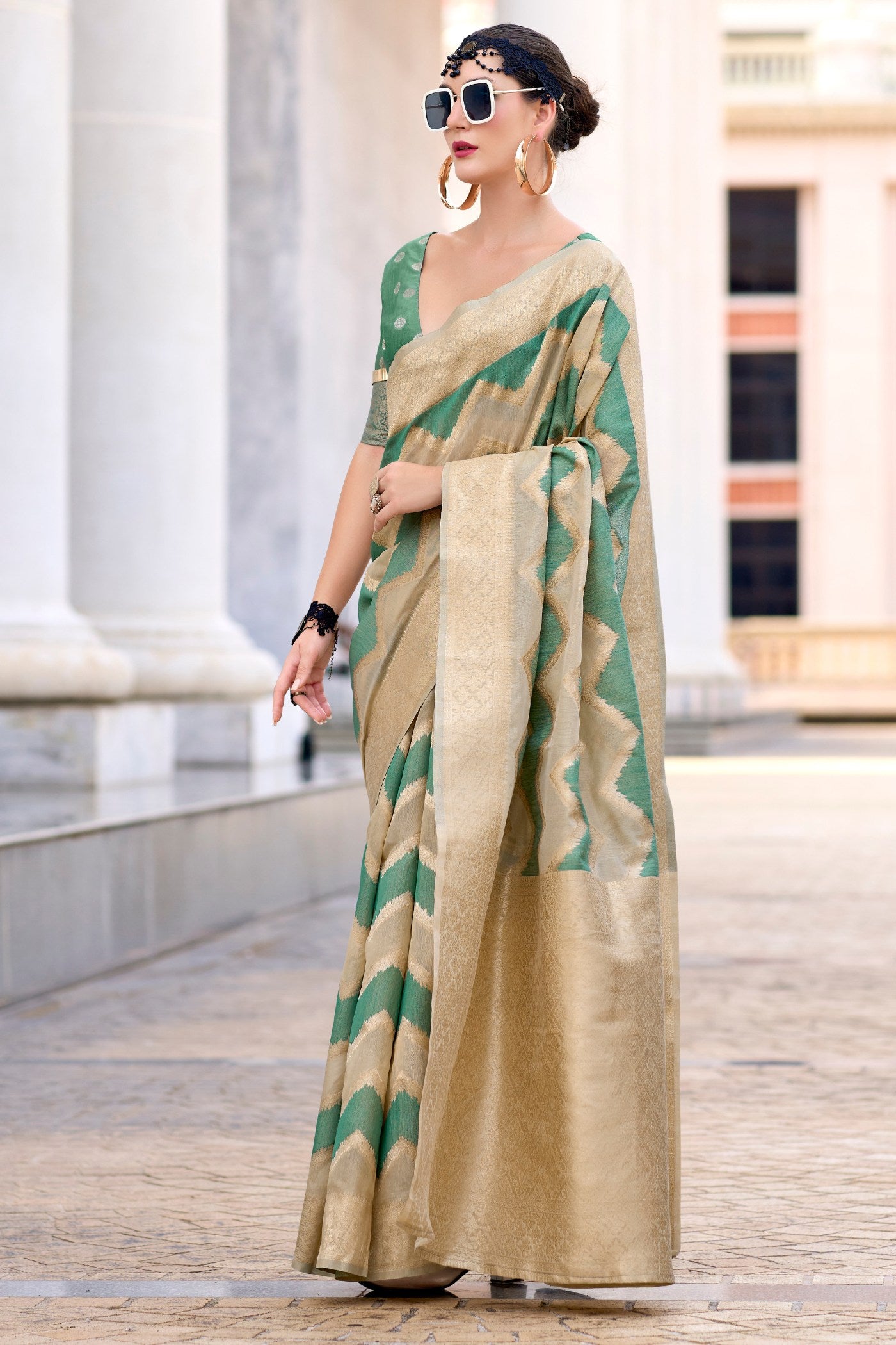 Buy MySilkLove Cactus Green Woven Linen Cotton Saree Online