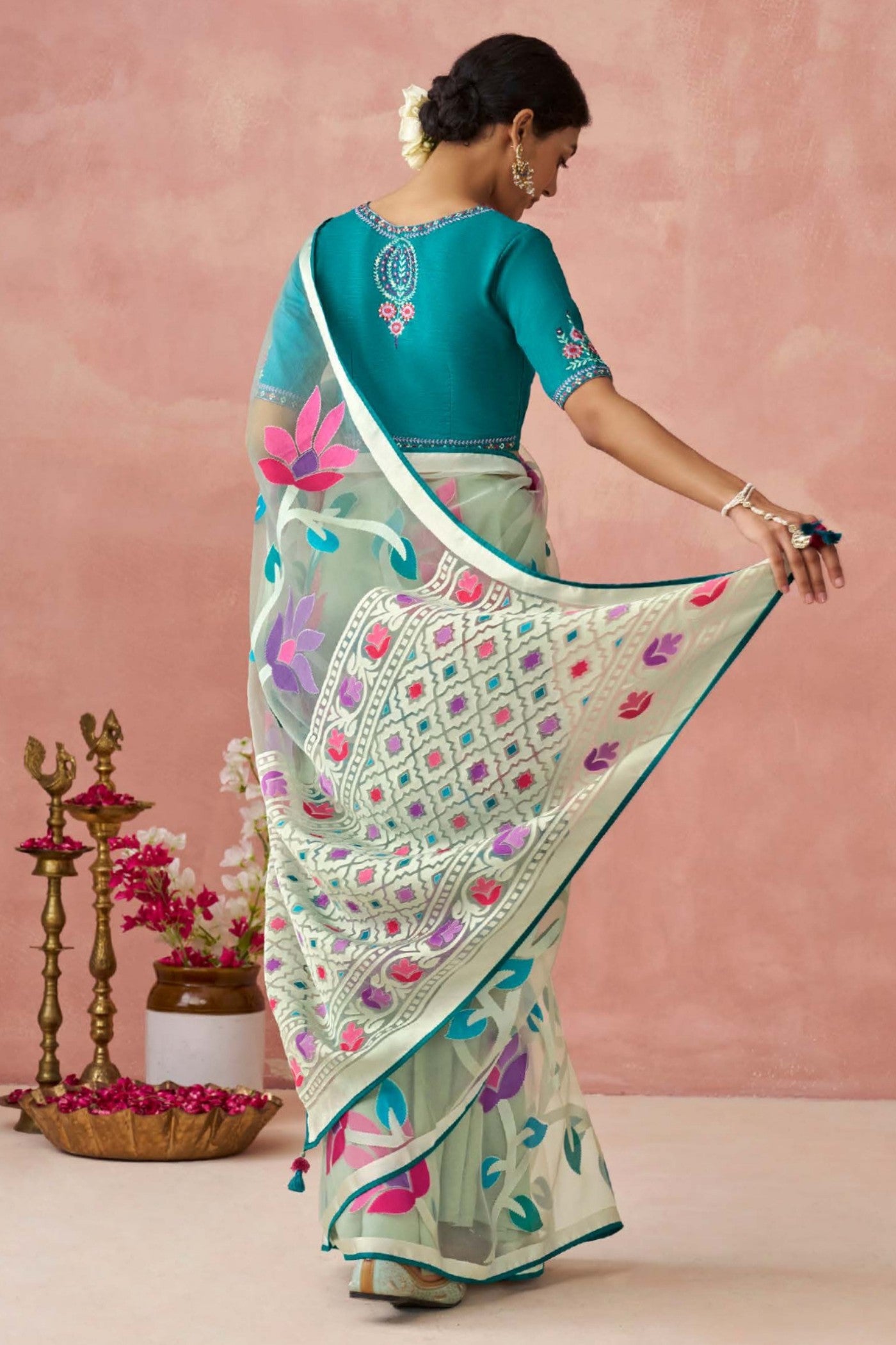 Buy MySilkLove Elm Blue and White Brasso Organza Printed Saree Online