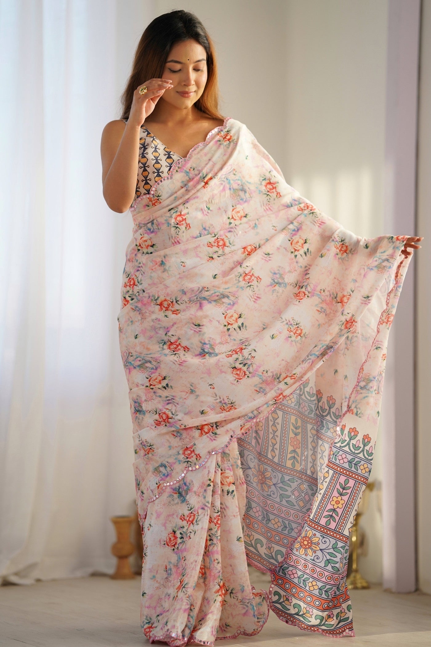 Buy MySilkLove White Lotus Digital Printed Chinon Saree Online