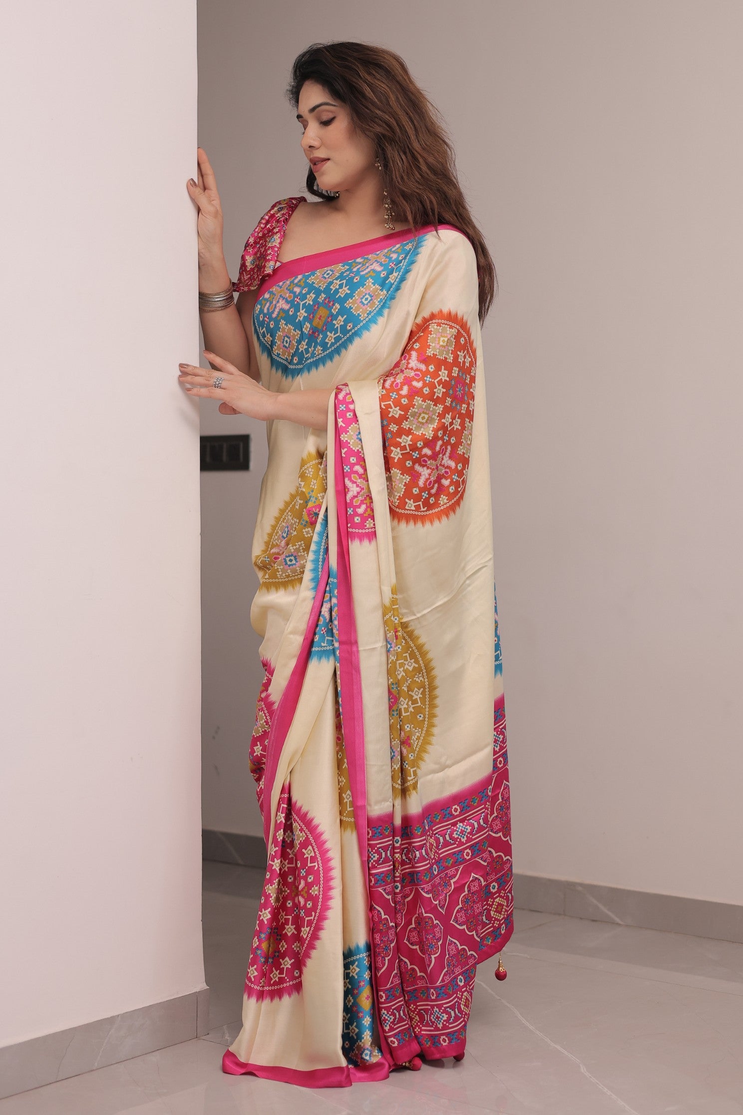 Buy MySilkLove Vanilla Cream and Pink Modal Ajrakh Printed Silk Saree Online