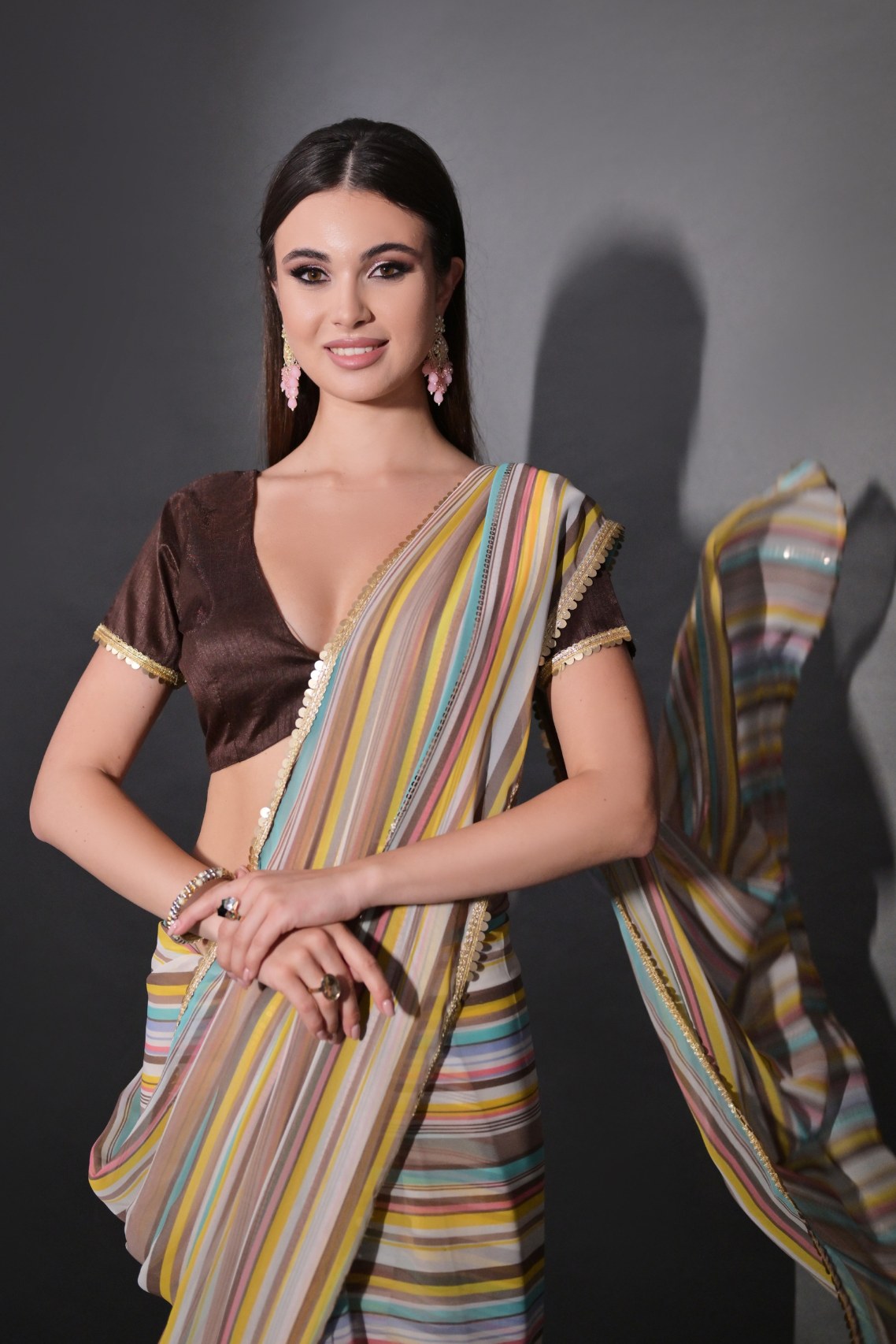 Buy MySilkLove Teak Brown Georgette Lehriya Silk Saree Online