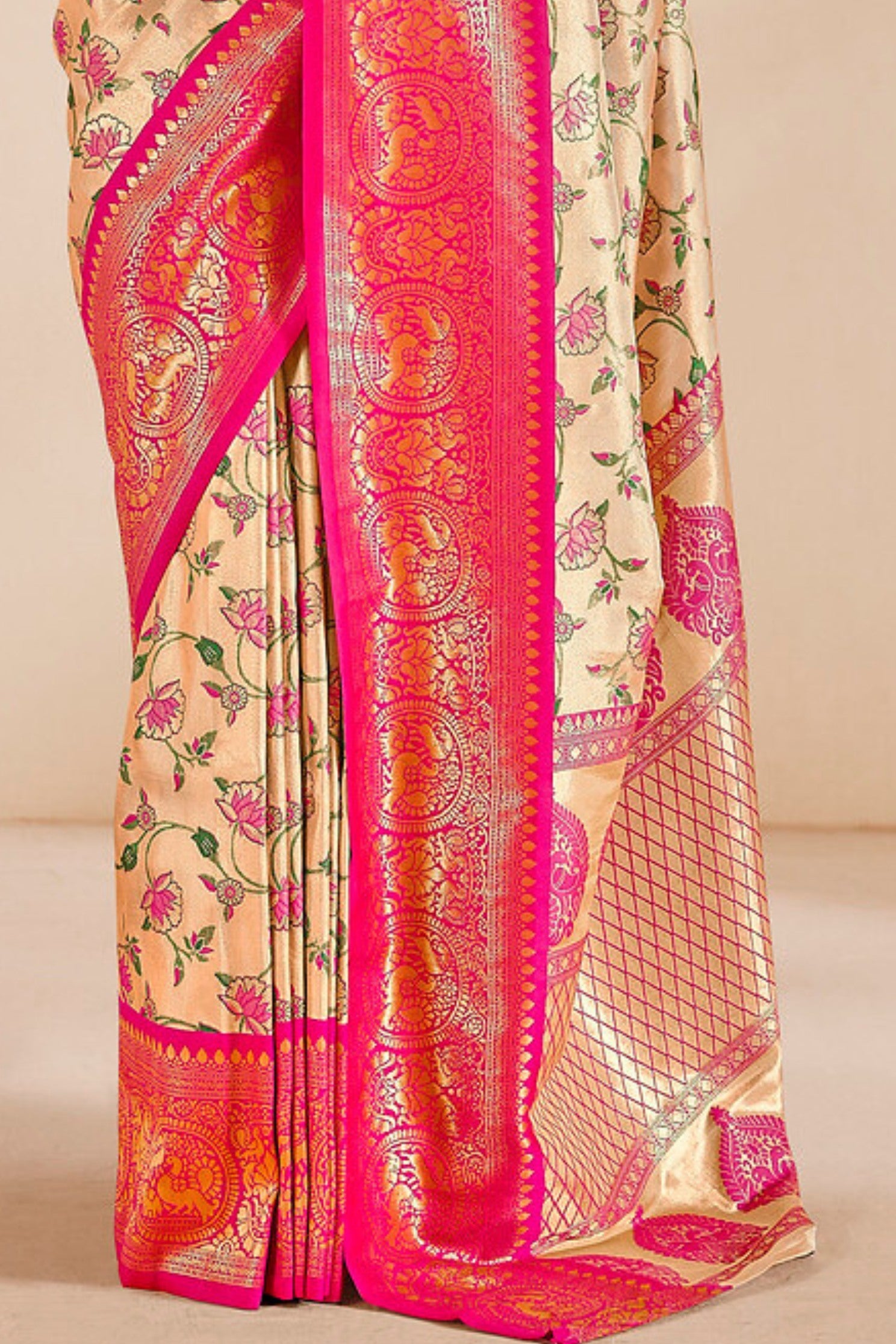 Buy MySilkLove Wheat Cream and Pink Zari Woven Banarasi Saree Online