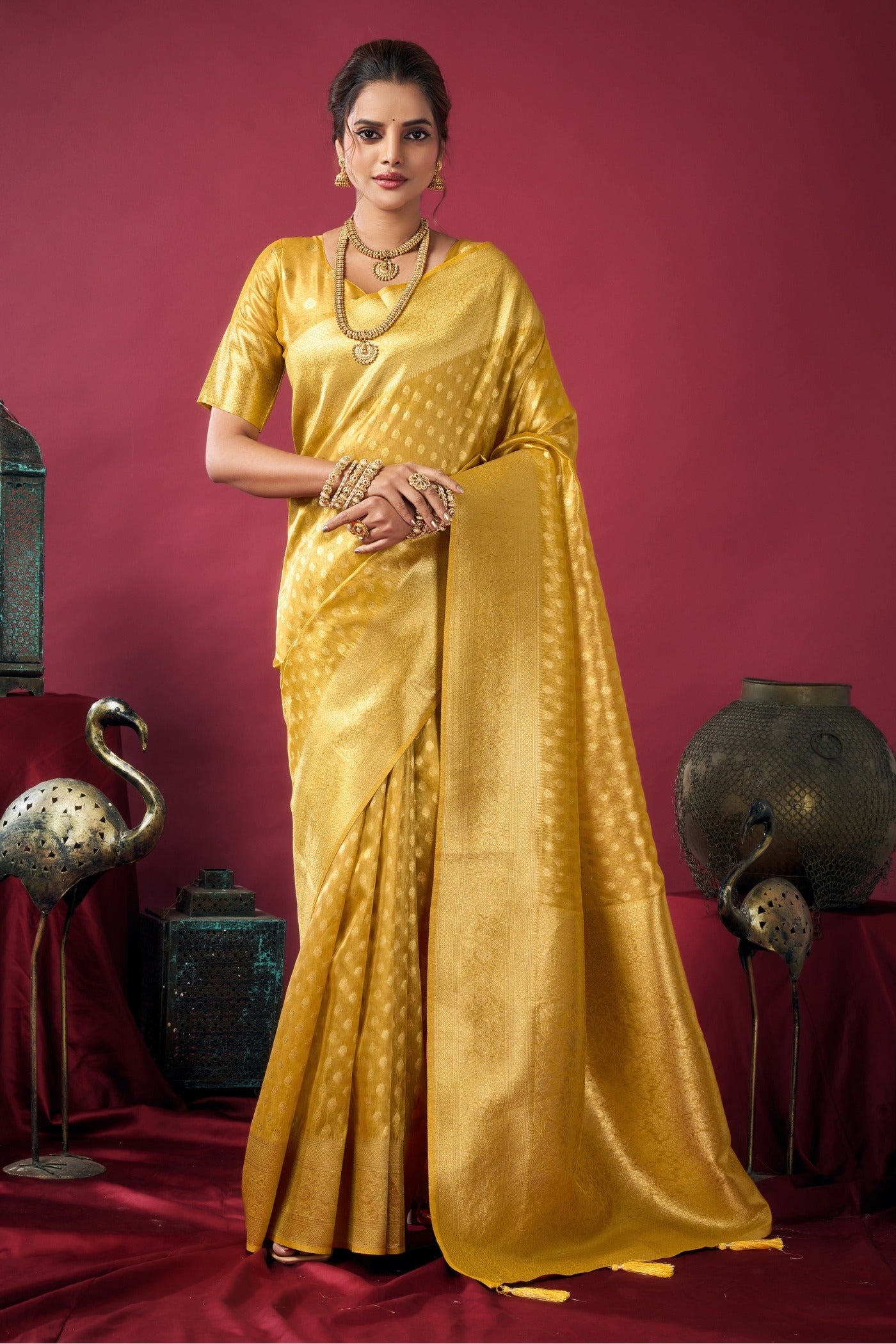 Buy MySilkLove Canary Yellow Handloom Tissue Silk Saree Online