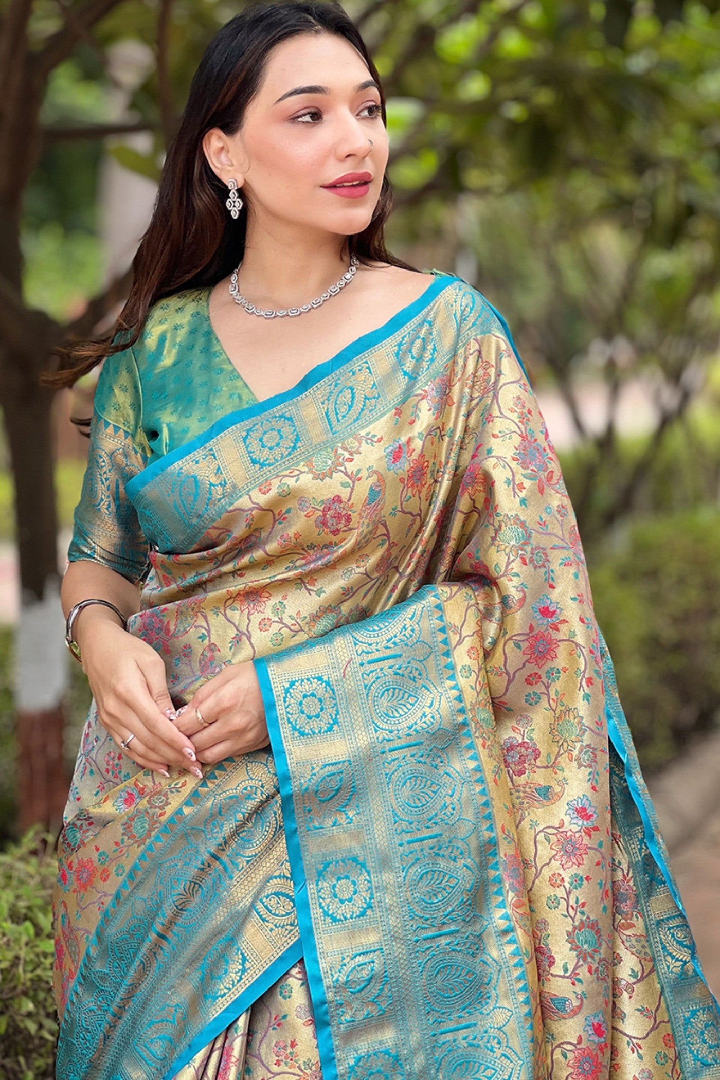 Buy MySilkLove Opal Blue and Cream Woven Banarasi Saree Online