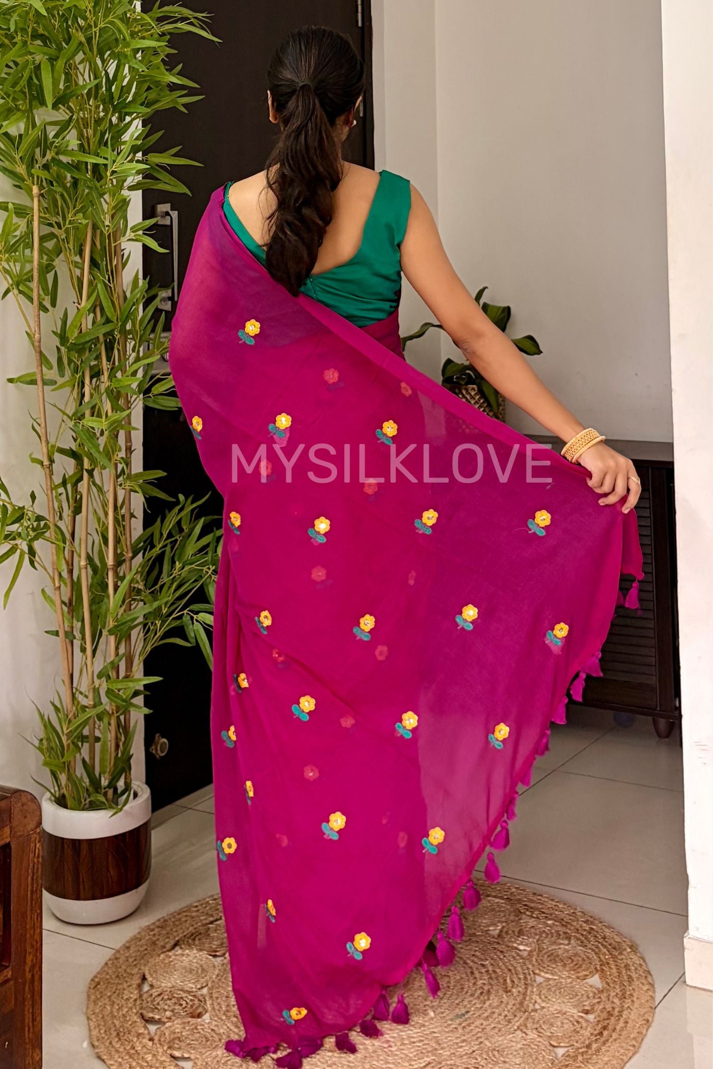 Buy MySilkLove Flamingo Pink Mul Mul Cotton Floral and Sequin Work Woven Saree Online