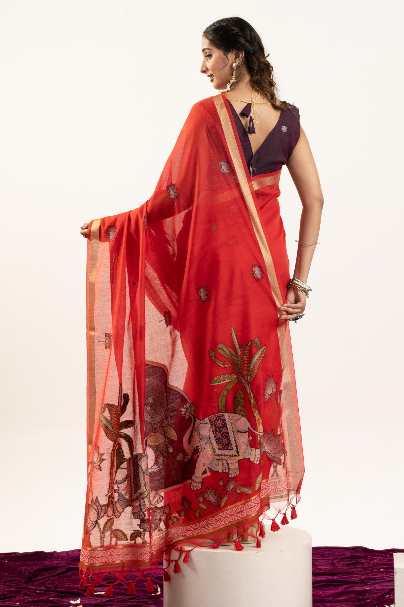 Buy MySilkLove Vermilion Glow Red Woven Soft Muga Cotton Saree Online