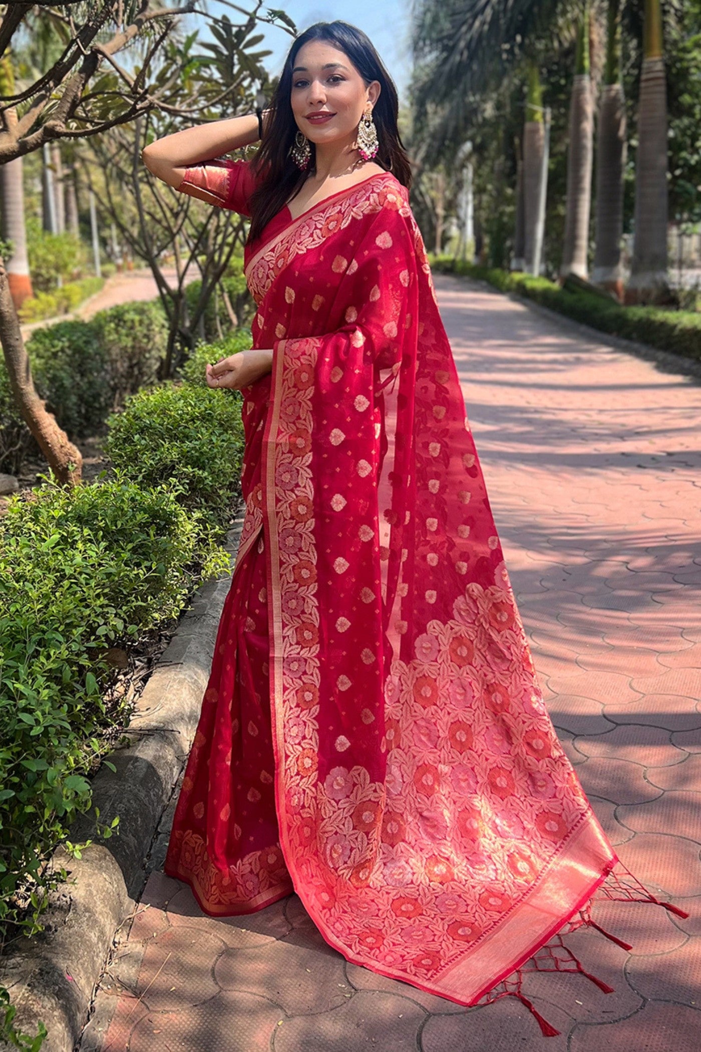 Buy MySilkLove Rose Pearl Red Zari Woven Organza Saree Online