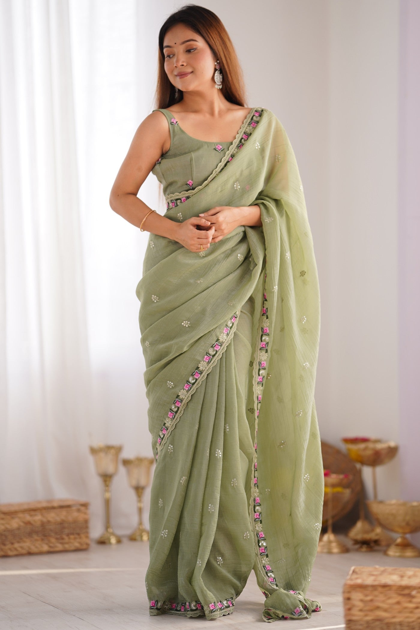 Buy MySilkLove Pista Green Designer Partywear Saree Online