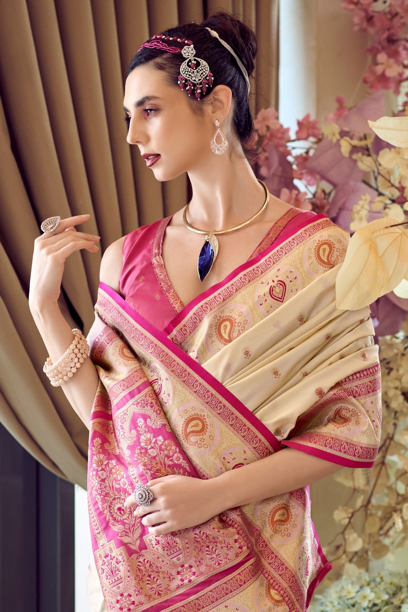 Buy MySilkLove Brandy Cream Woven Banarasi Soft Silk Saree Online