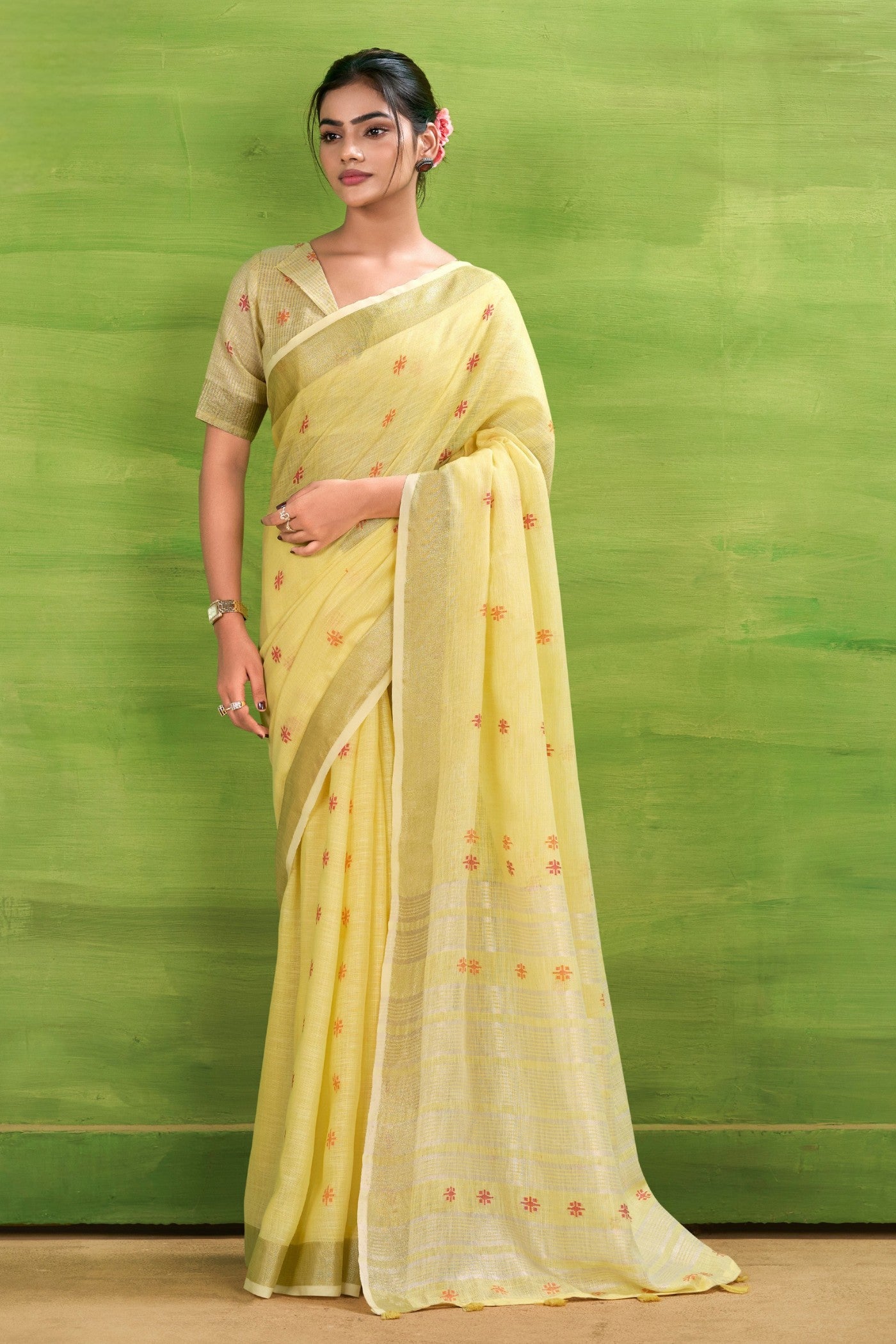Buy MySilkLove Citrine Yellow Woven Linen Saree Online
