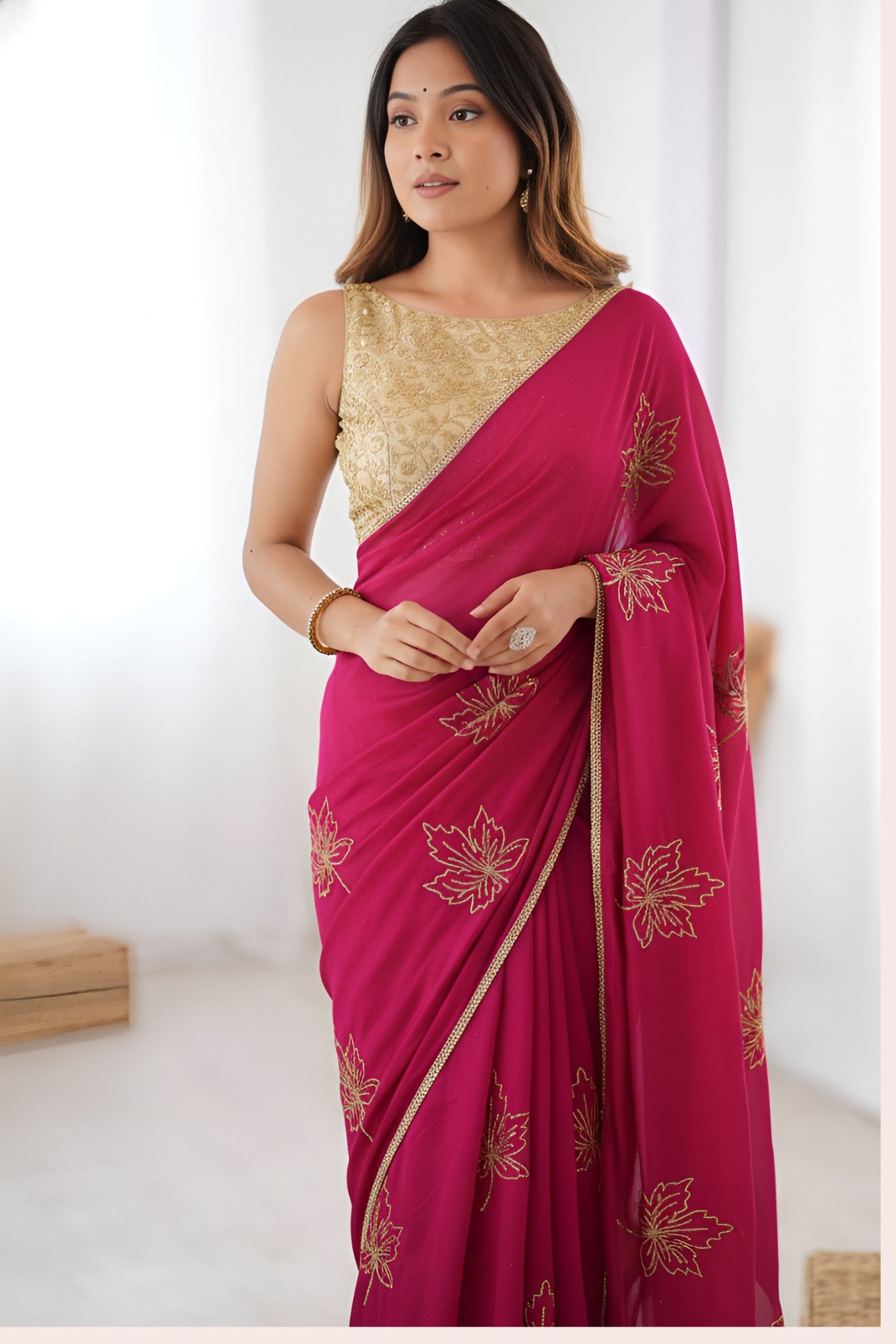 Buy MySilkLove Rose Pink Designer Embroidery Partywear Saree Online