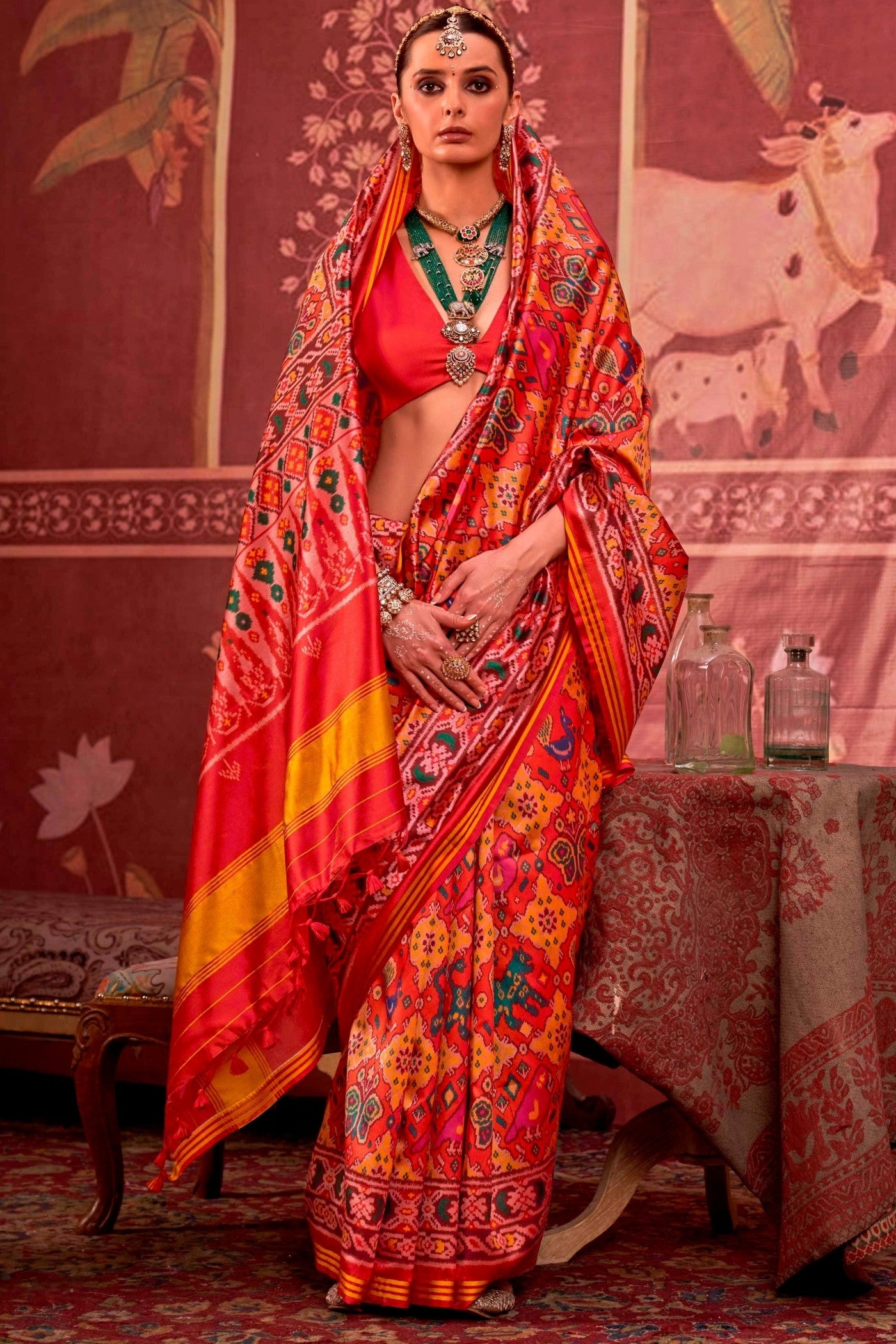 Buy MySilkLove Metor Orange Printed Patola Saree Online
