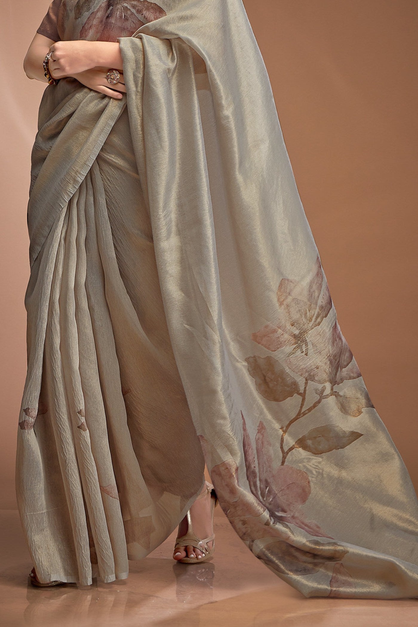 Buy MySilkLove Dusty Miller Grey Printed Tissue Saree Online