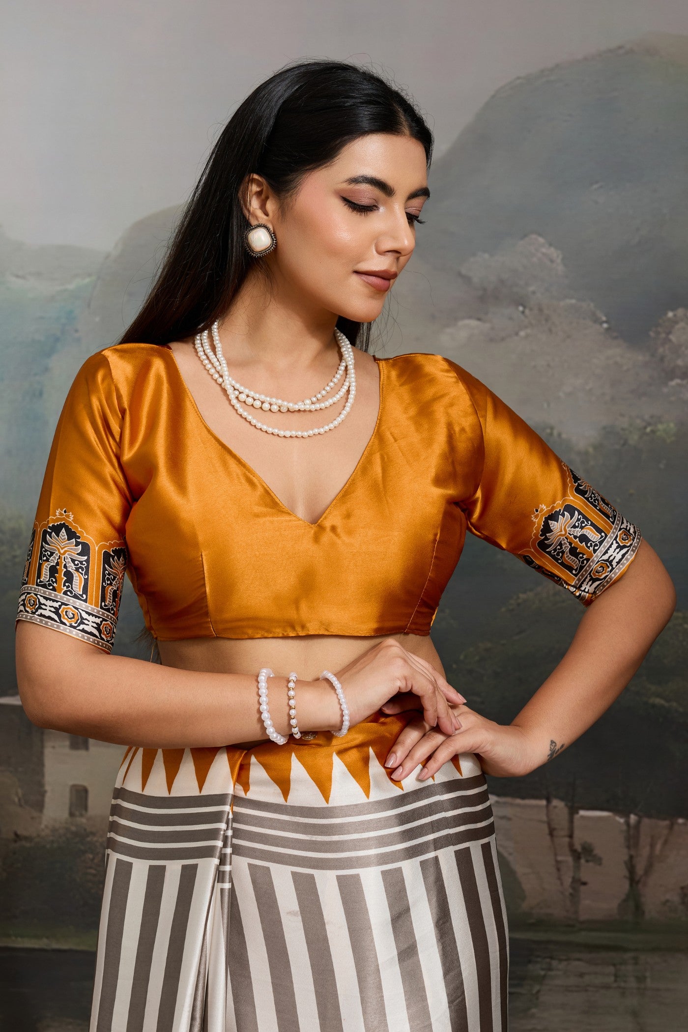 Buy MySilkLove Bone White and Yellow Ajrakh Printed Satin Crepe Silk Saree Online