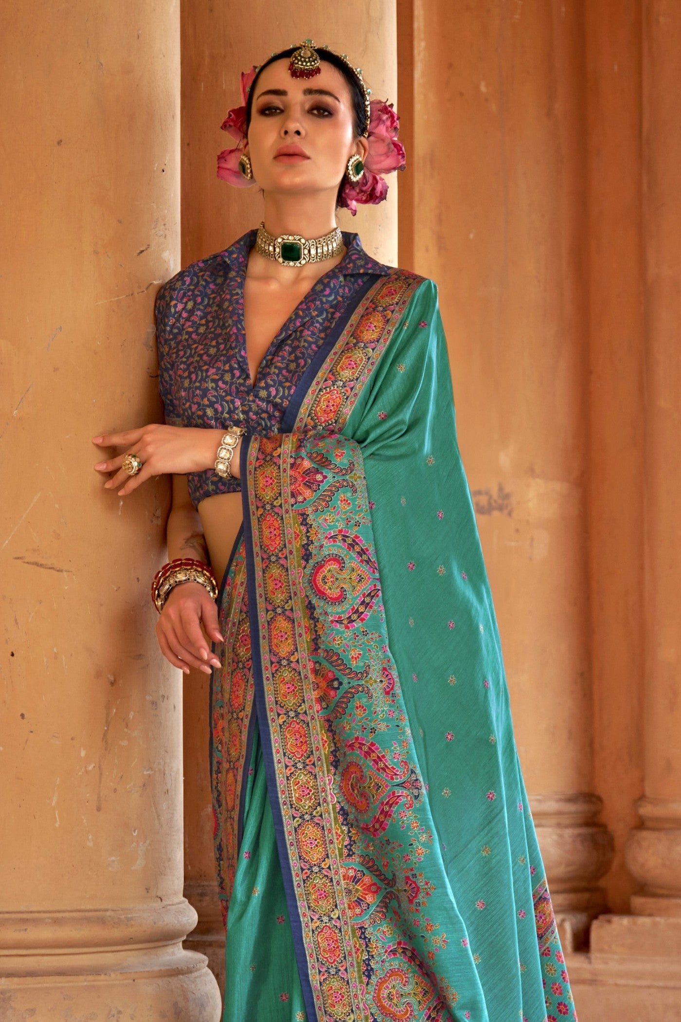 Buy MySilkLove Turquoise Green Printed Banarasi Saree Online