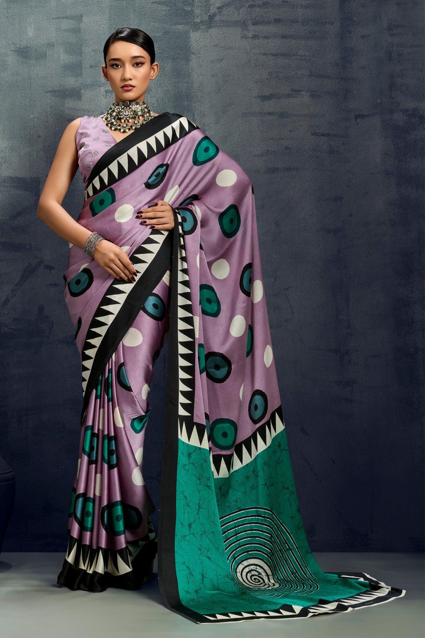 Buy MySilkLove Thistle Purple Ajrakh Printed Satin Crepe Silk Saree Online