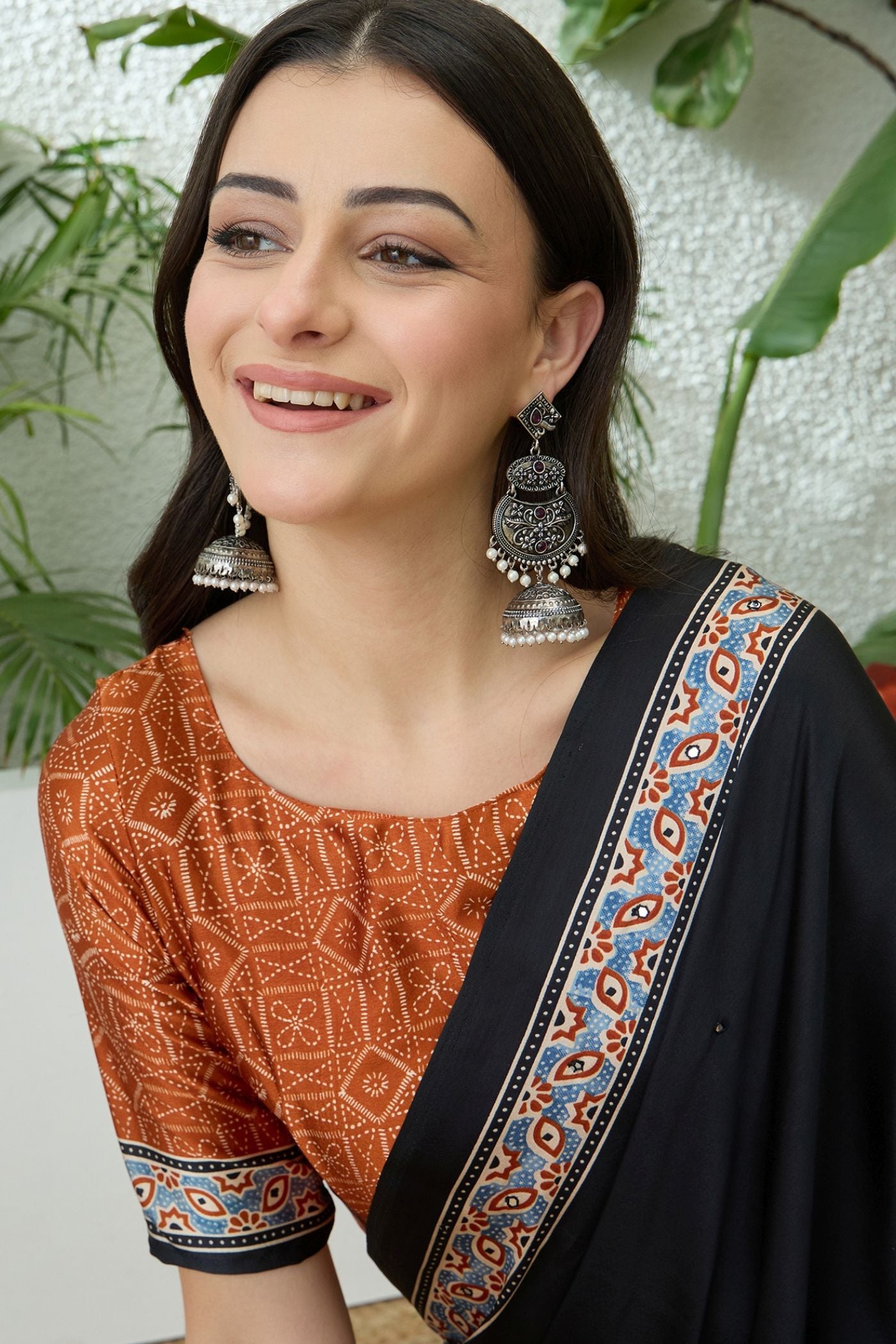 MySilkLove Noir Black and Orange Modal Ajrakh Satin Printed Silk Saree