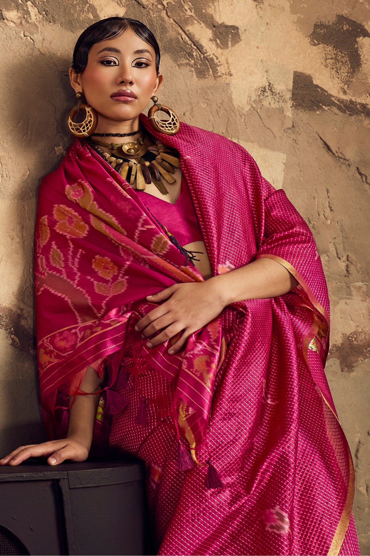 Buy MySilkLove Flamingo Pink Tussar Paithani Fusion Handloom Saree Online