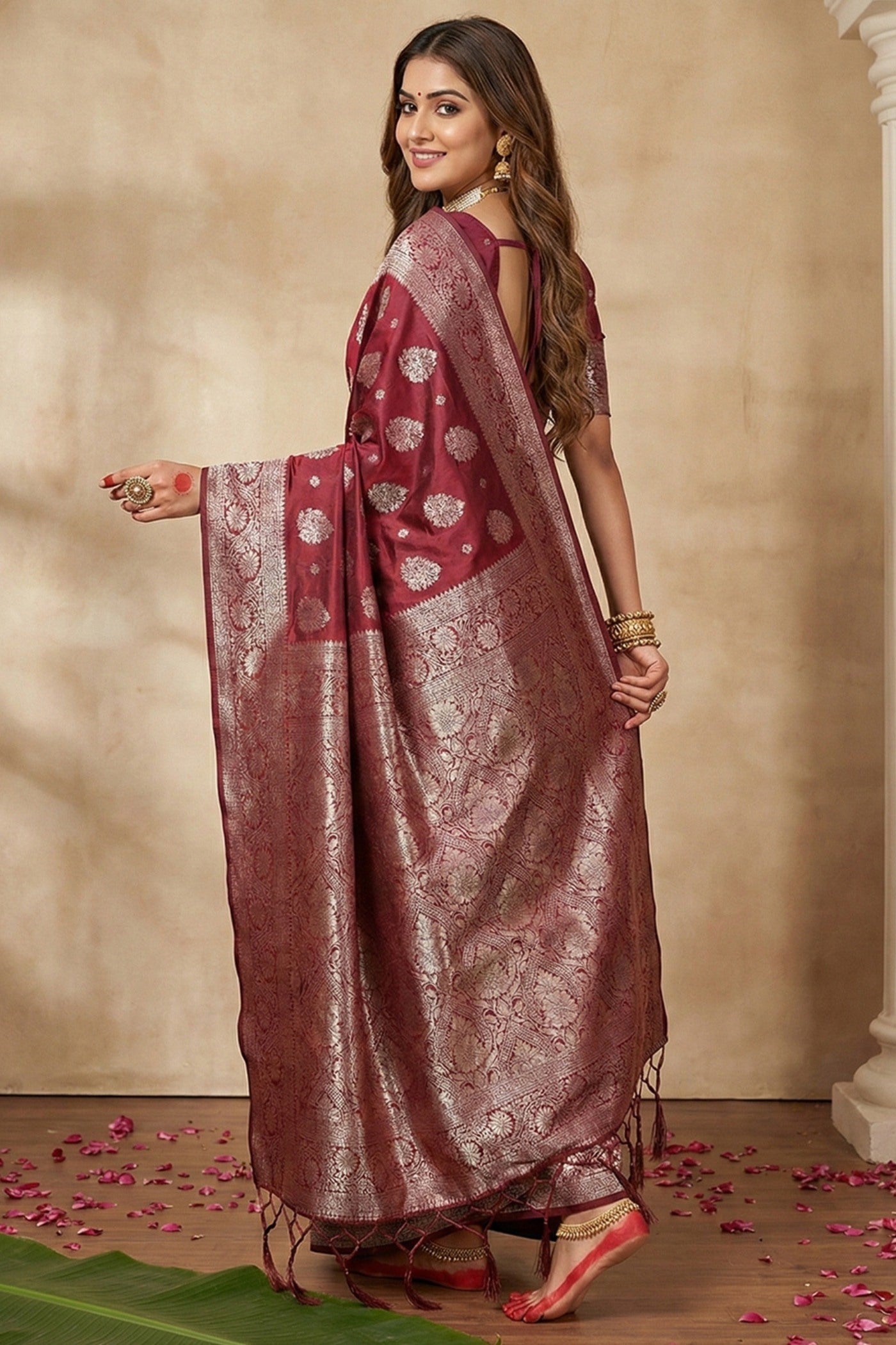 Buy MySilkLove Tan Maroon Banarasi Woven Silk Saree Online
