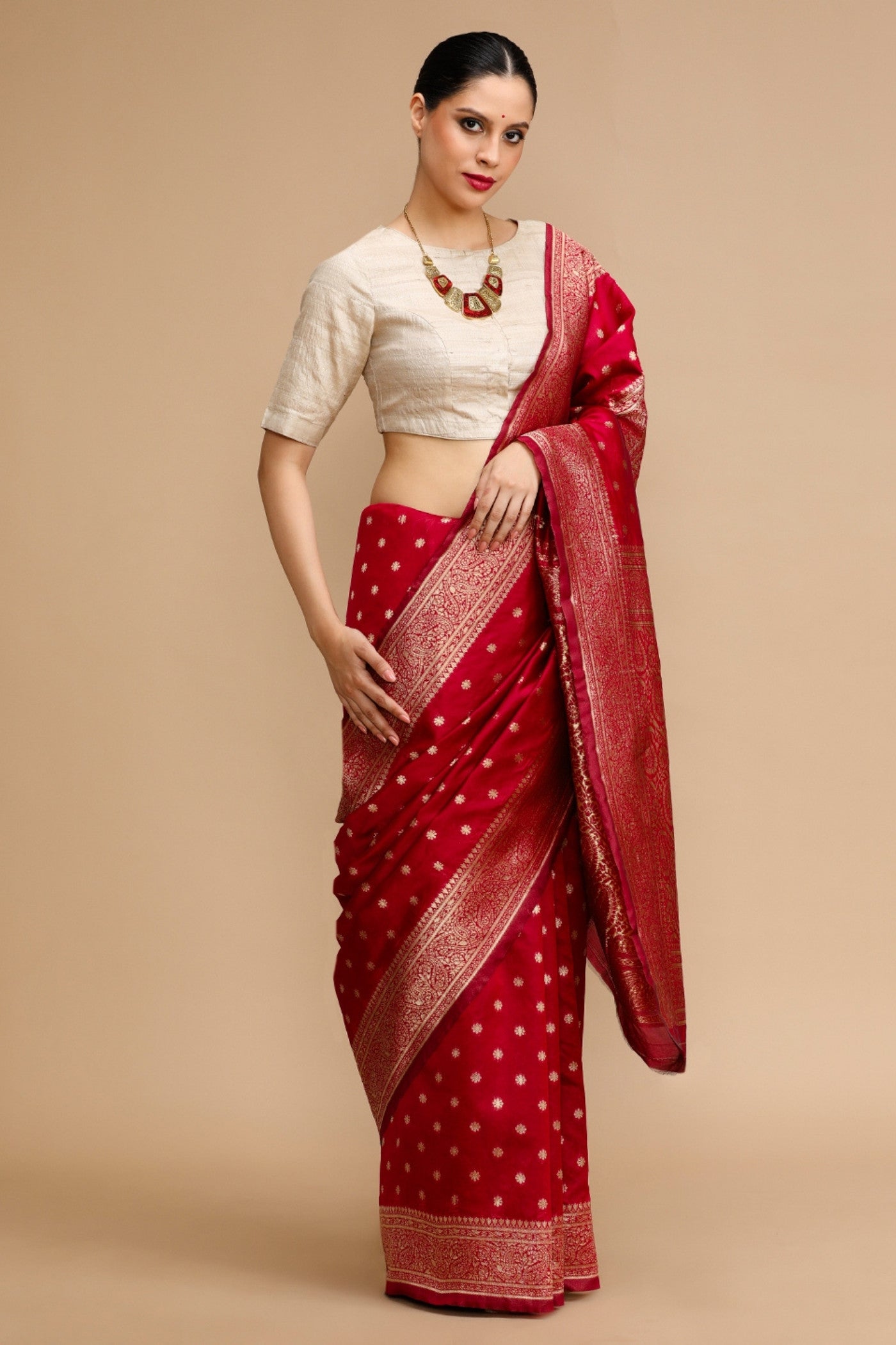 MySilkLove Bride Red Woven Jacquard Lichi Silk Saree