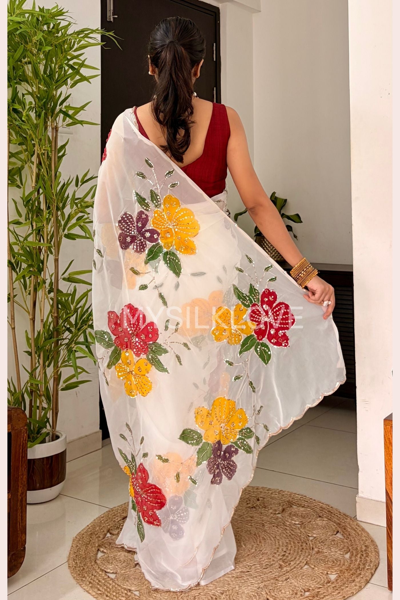 Buy MySilkLove Diamond White Floral Embroidered Organza Saree Online