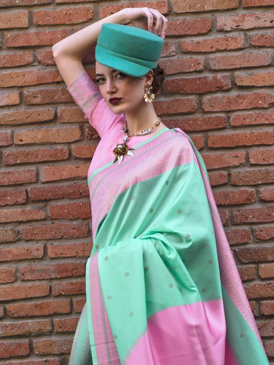 Buy MySilkLove Mint Green and Pink Banarasi Handloom Saree Online