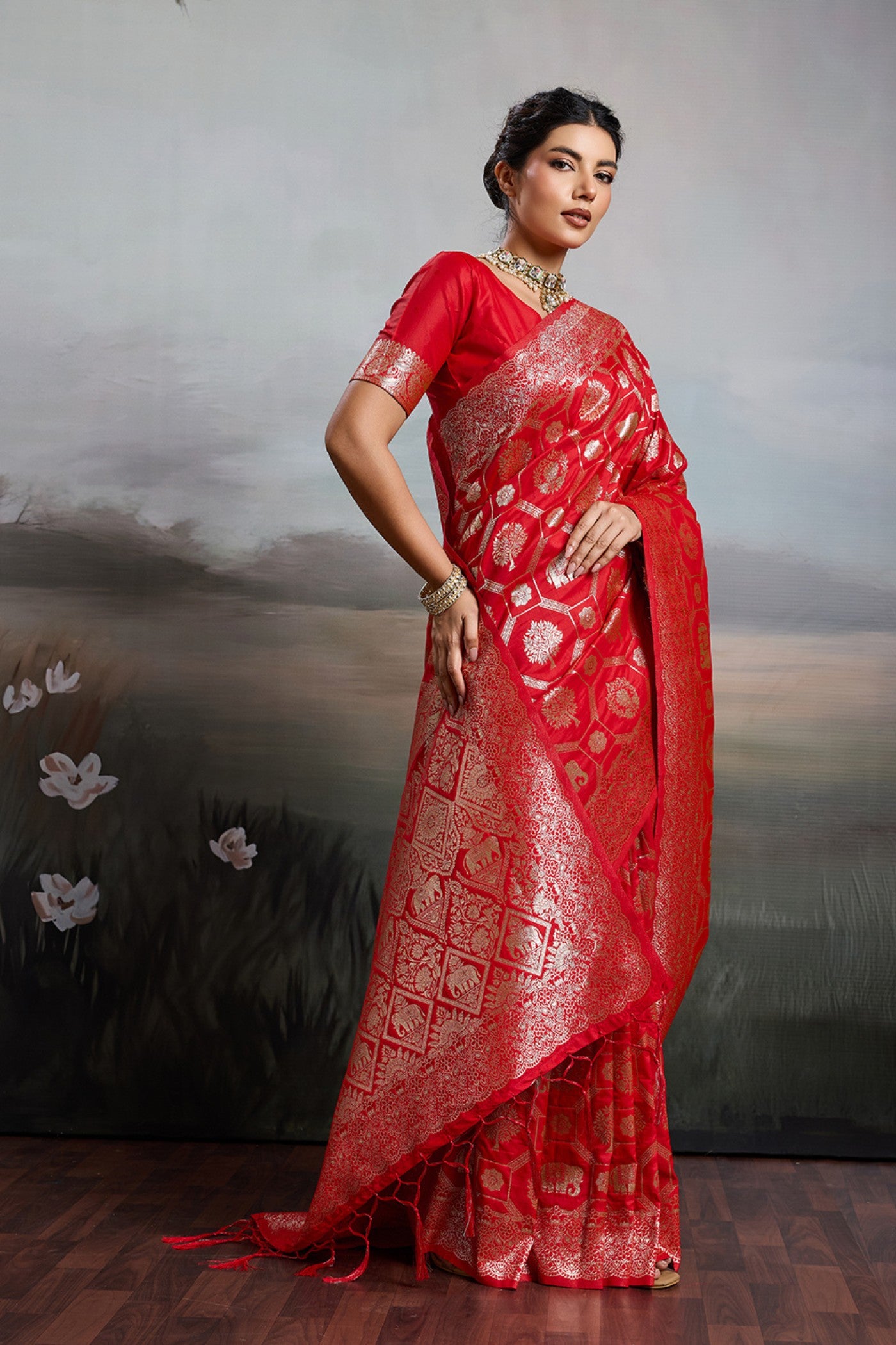 Buy MySilkLove Cardinal Red Woven Banarasi Soft Silk Saree Online