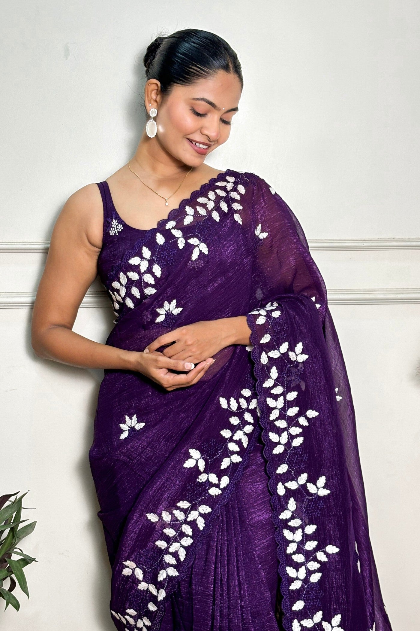 MySilkLove Wine Purple Embroidery Partywear Saree