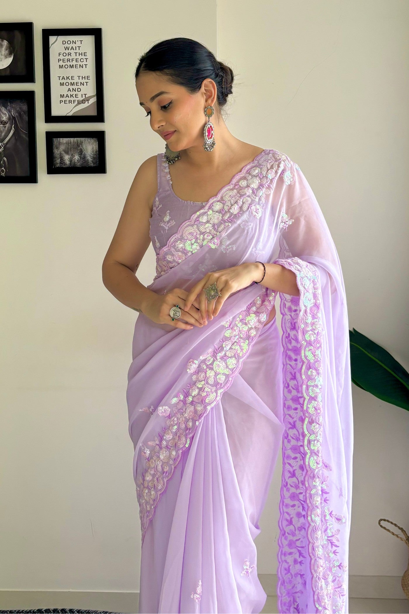 Buy MySilkLove Cherub Lavender Embroidery Georgette saree Online