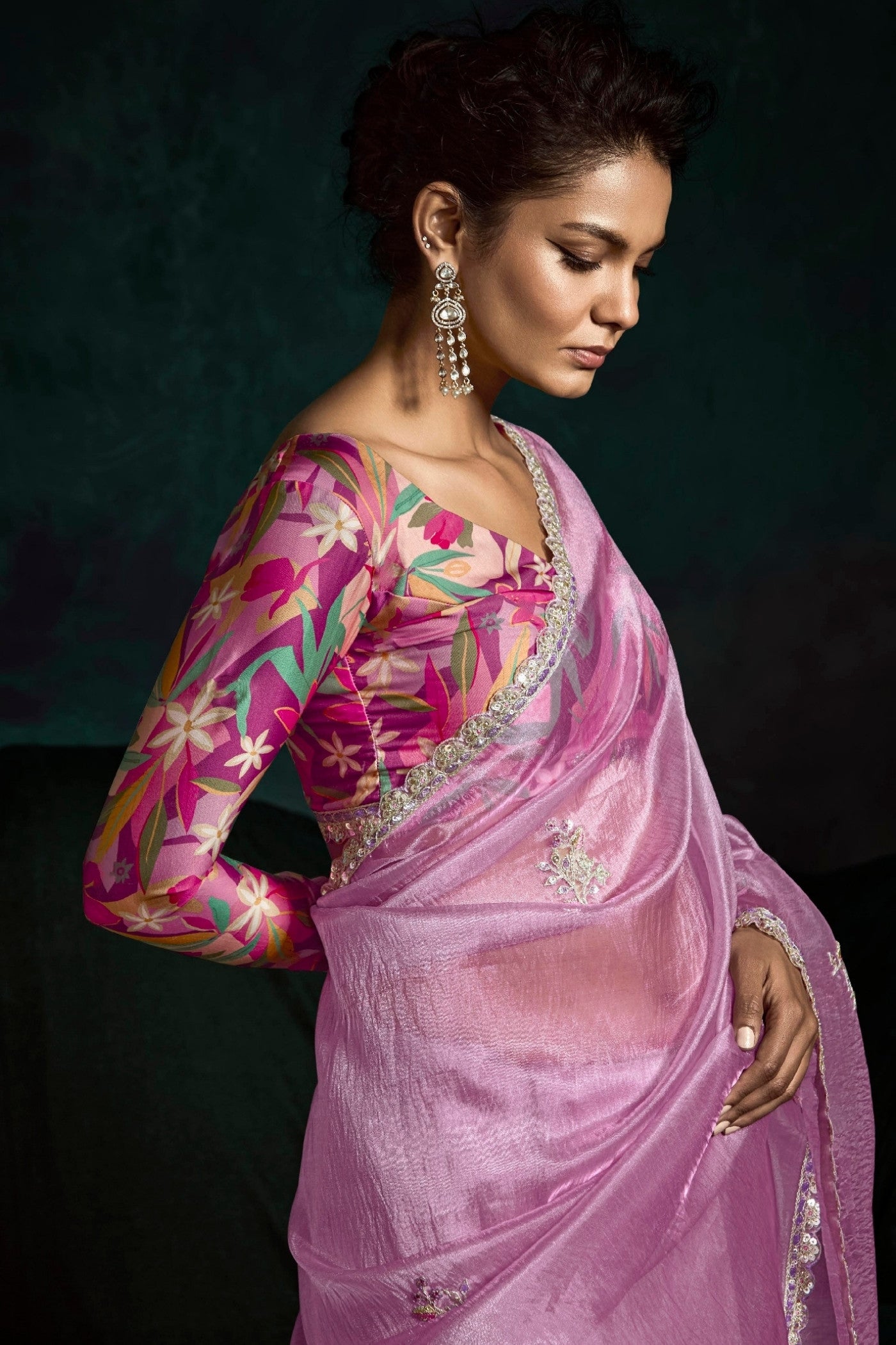 Buy MySilkLove Bubblegum Pink Embroidered Tissue Designer Saree Online