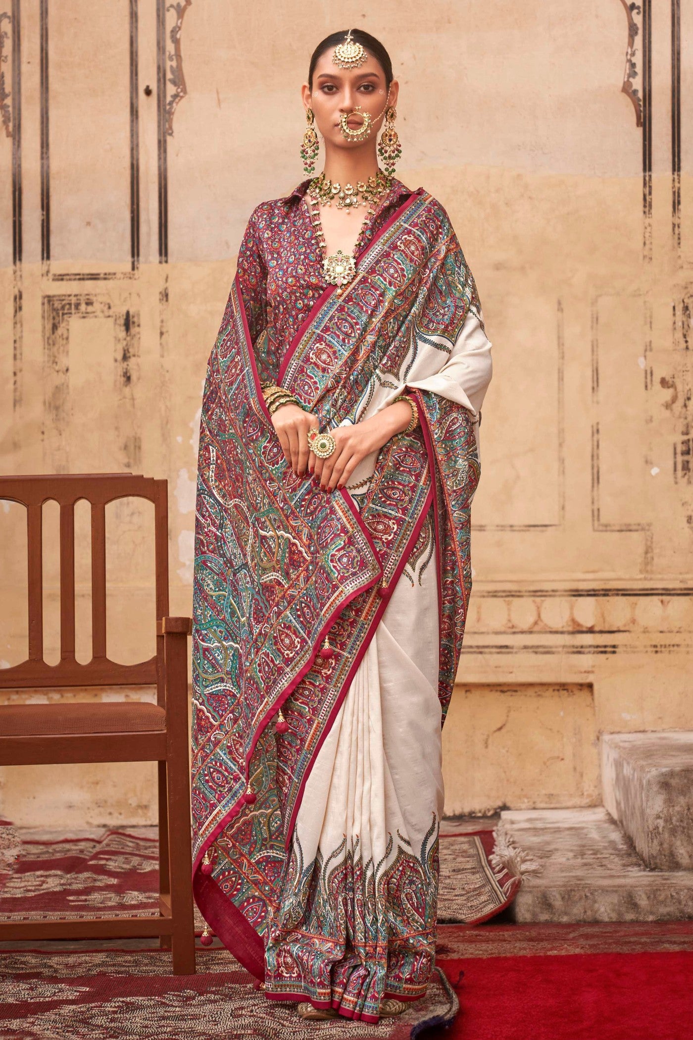 Buy MySilkLove Milk White Printed Jamawar Saree Online