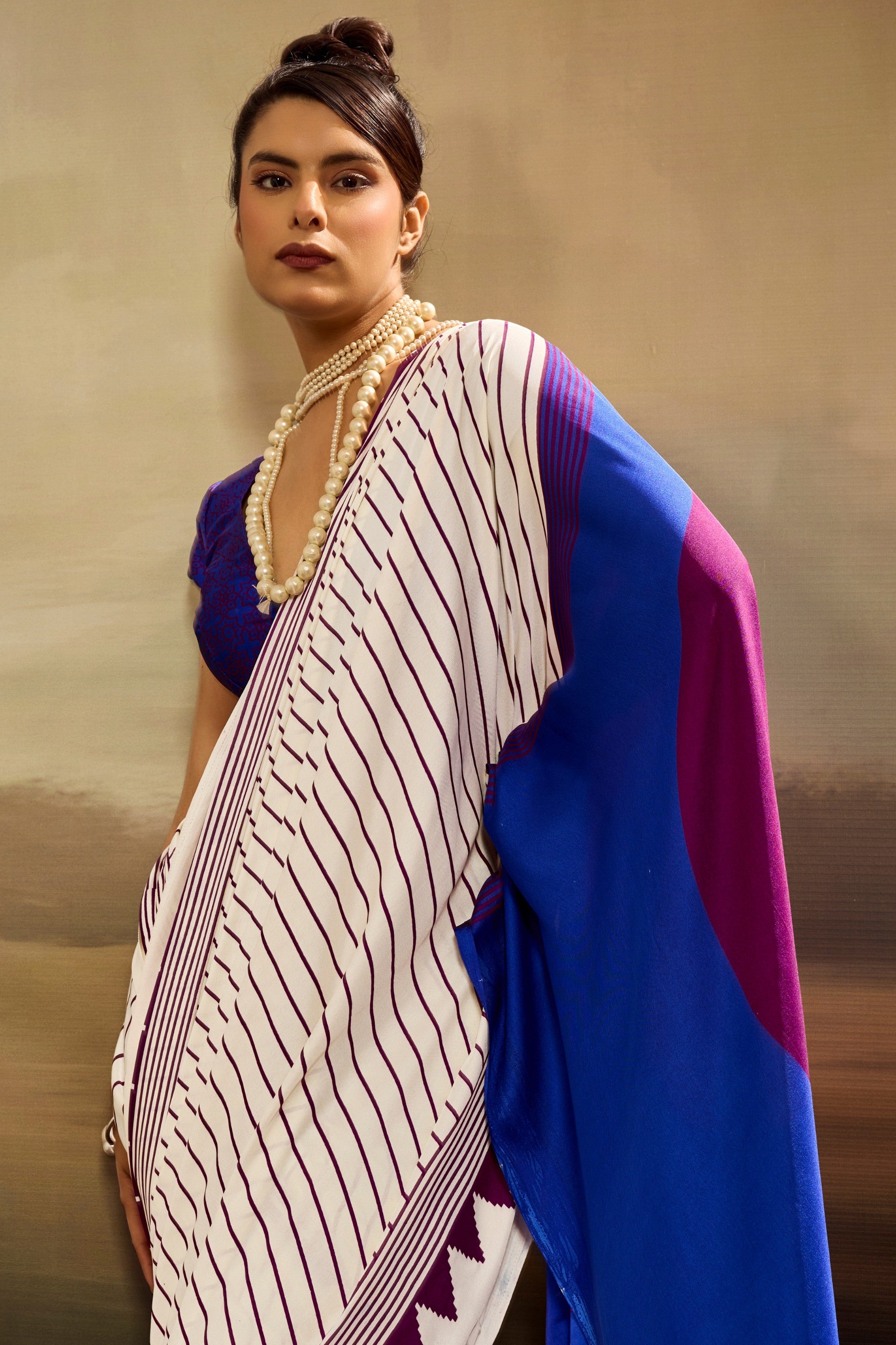 MySilkLove Snow White Ajrakh Printed Satin Crepe Silk Saree